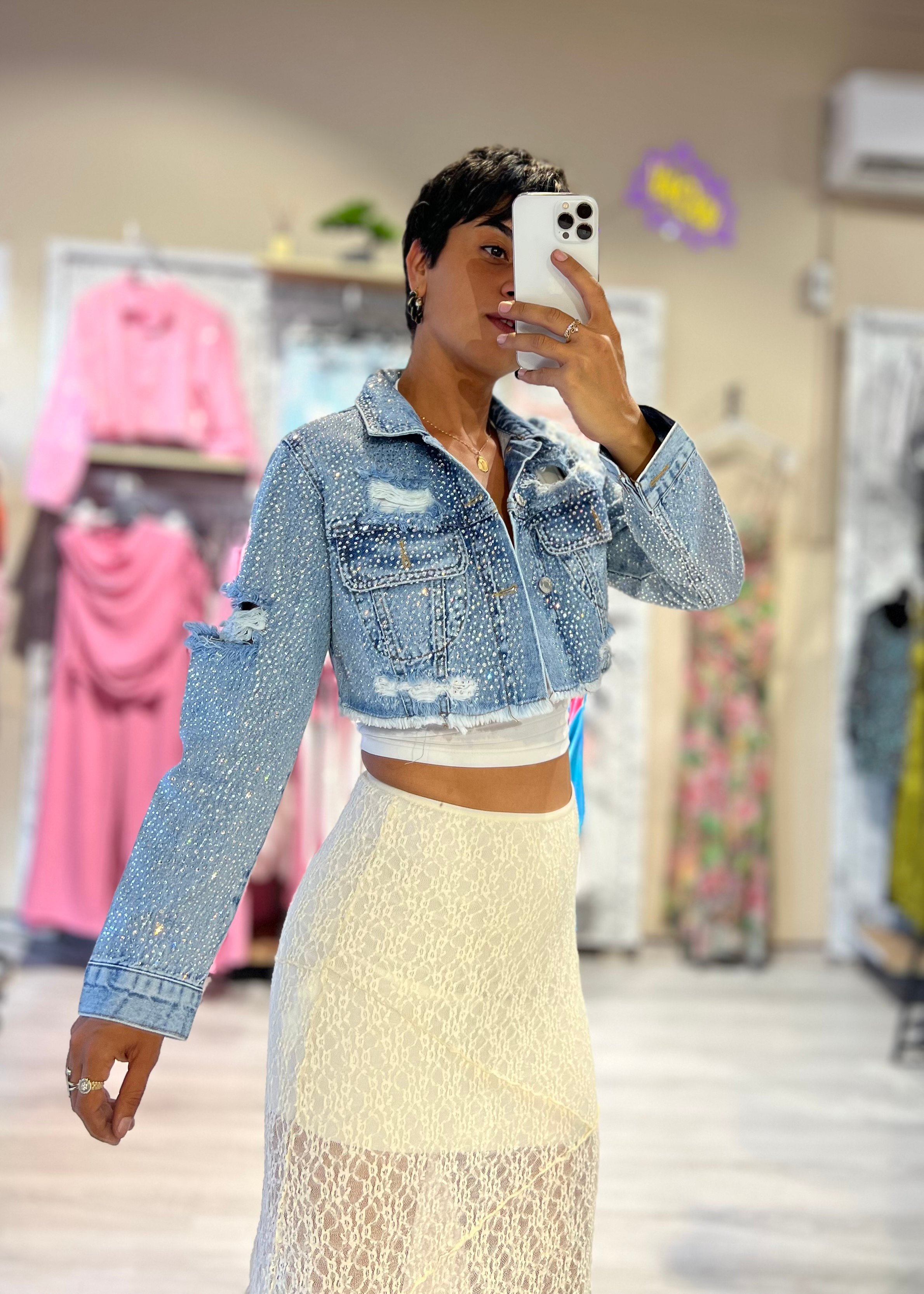 Taşlı Tasarım Lazer Kesimli Denim Ceket