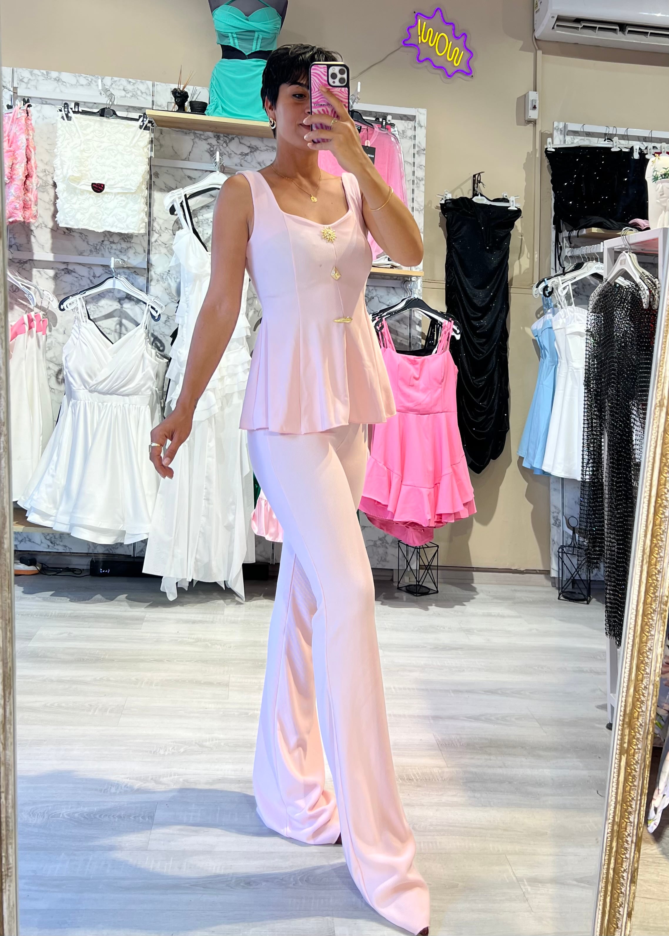 Kaşkorse Kumaş Aksesuarlı Bele Oturan Bluz & Pantolon Takım