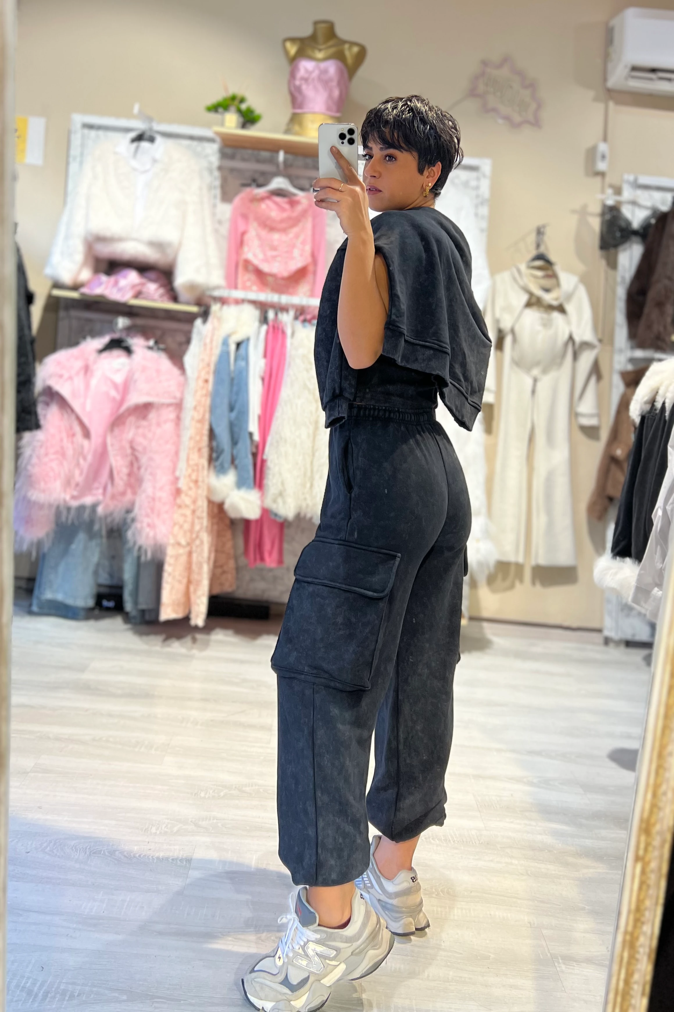 Siyah Yıkamalı 3’lü Kargo Cepli Eşofman Takımı 