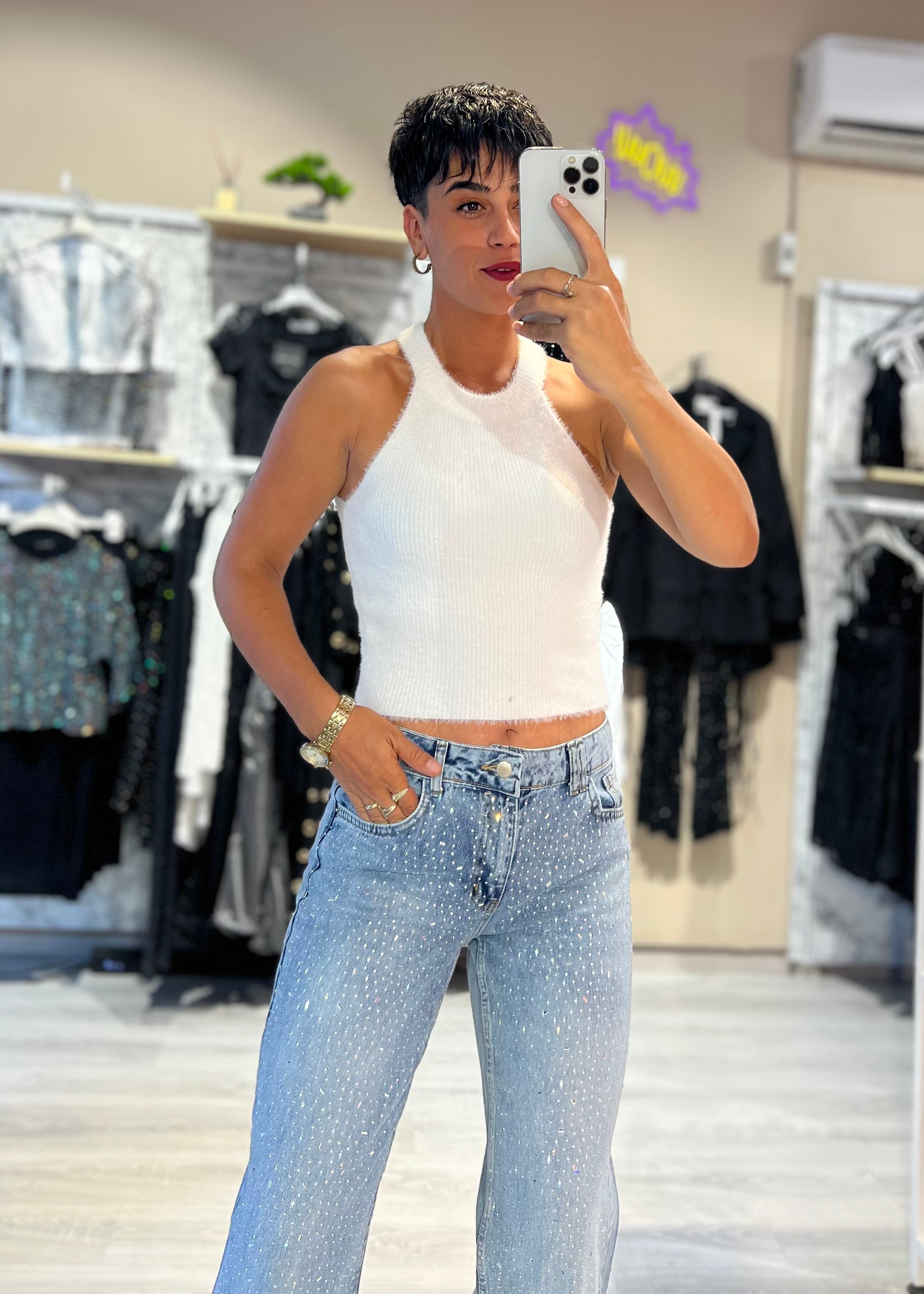 Halter Yaka Yumoş Bluz - BEYAZ