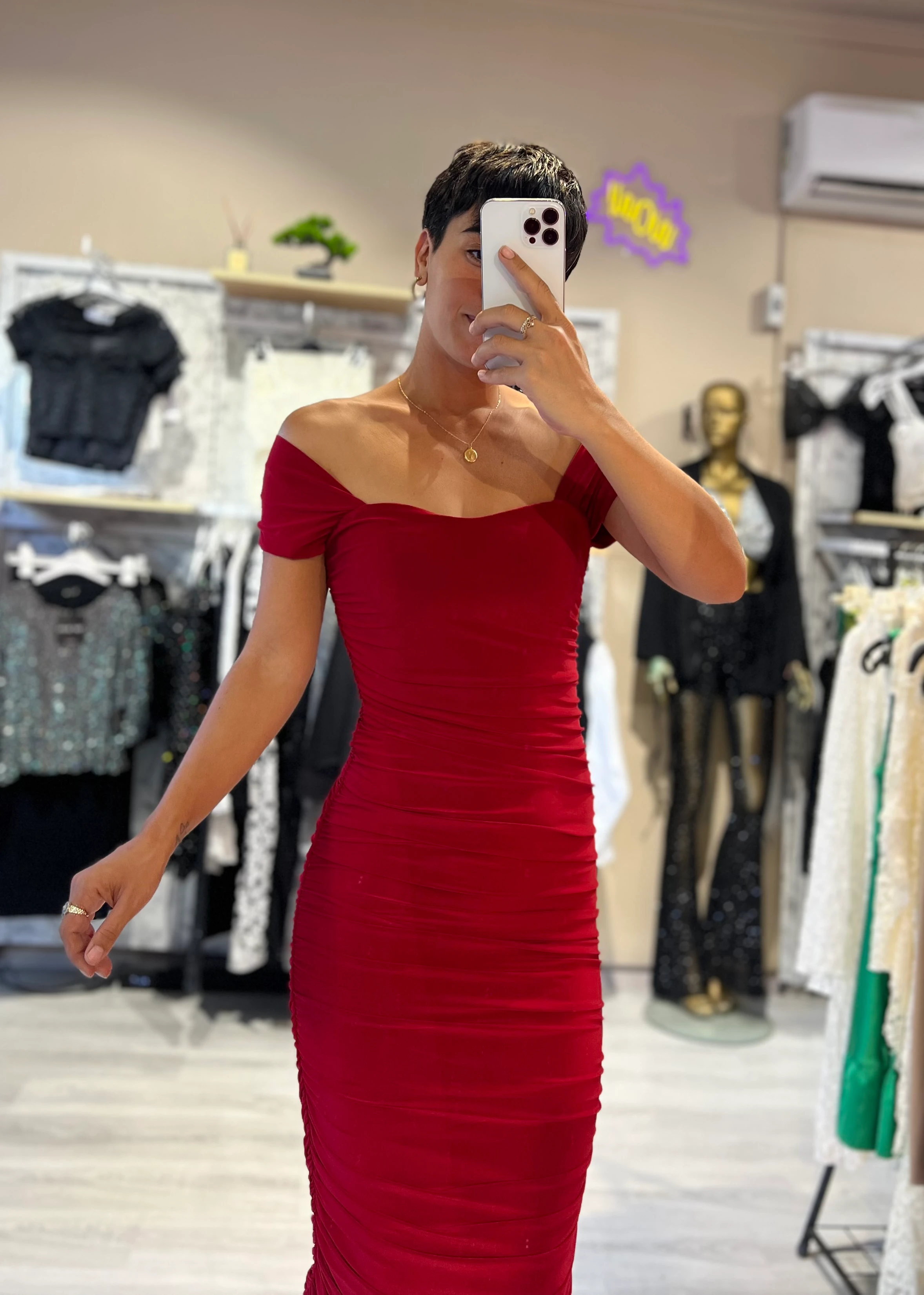 Sandy Kumaş Drapeli Elbise - KIRMIZI