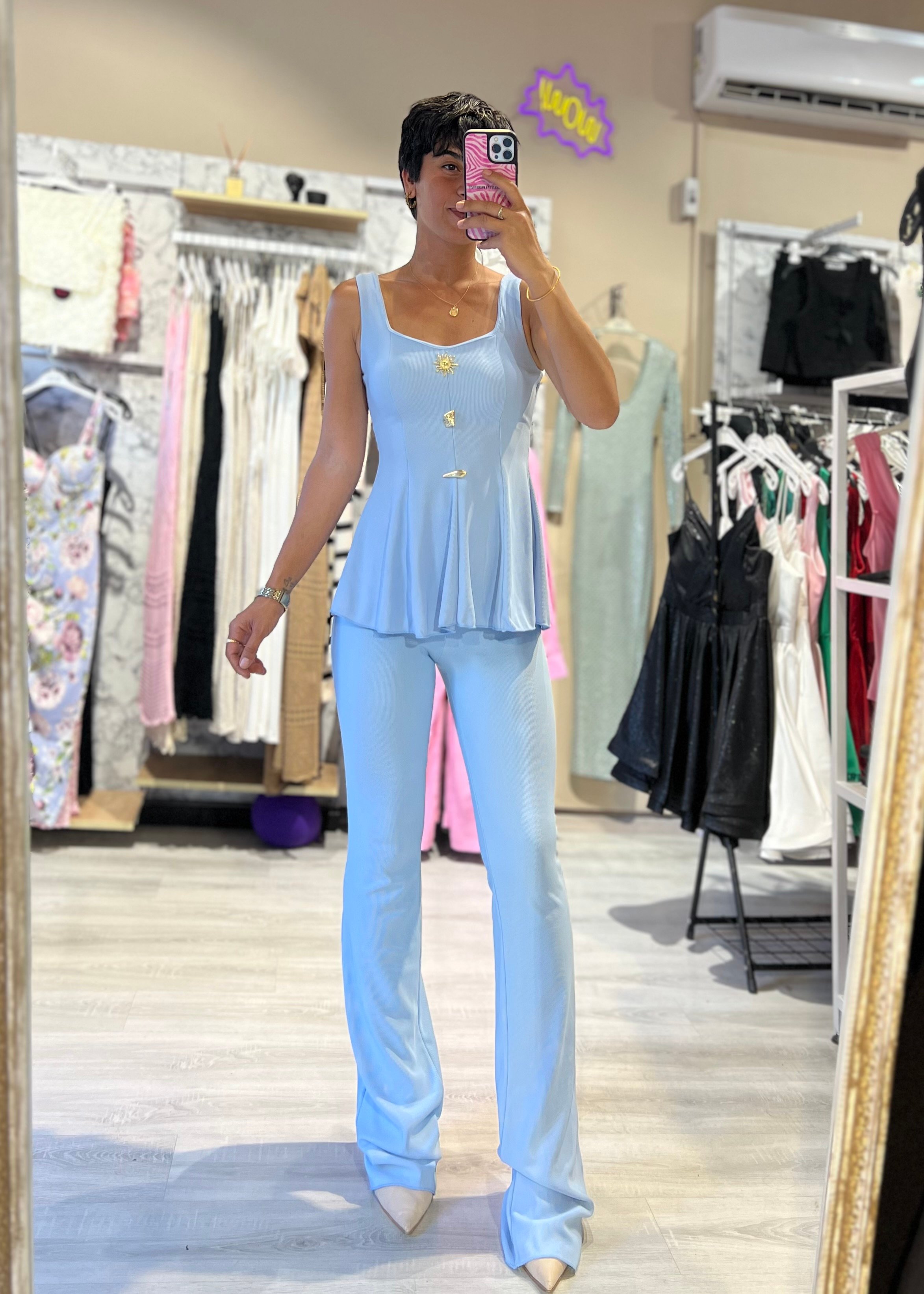 Kaşkorse Kumaş Aksesuarlı Bele Oturan Bluz & Pantolon Takım - MAVİ