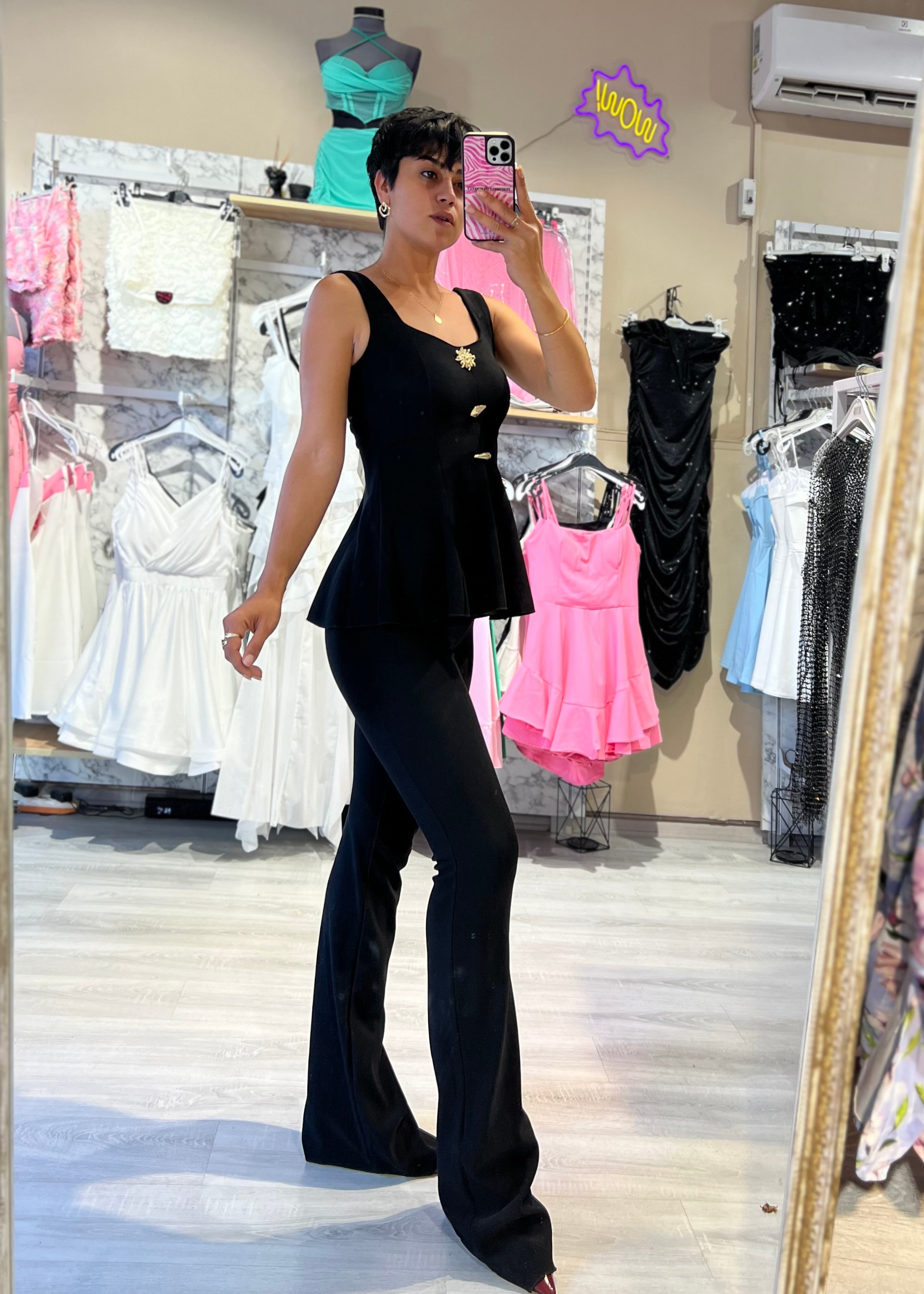 Kaşkorse Kumaş Aksesuarlı Bele Oturan Bluz & Pantolon Takım