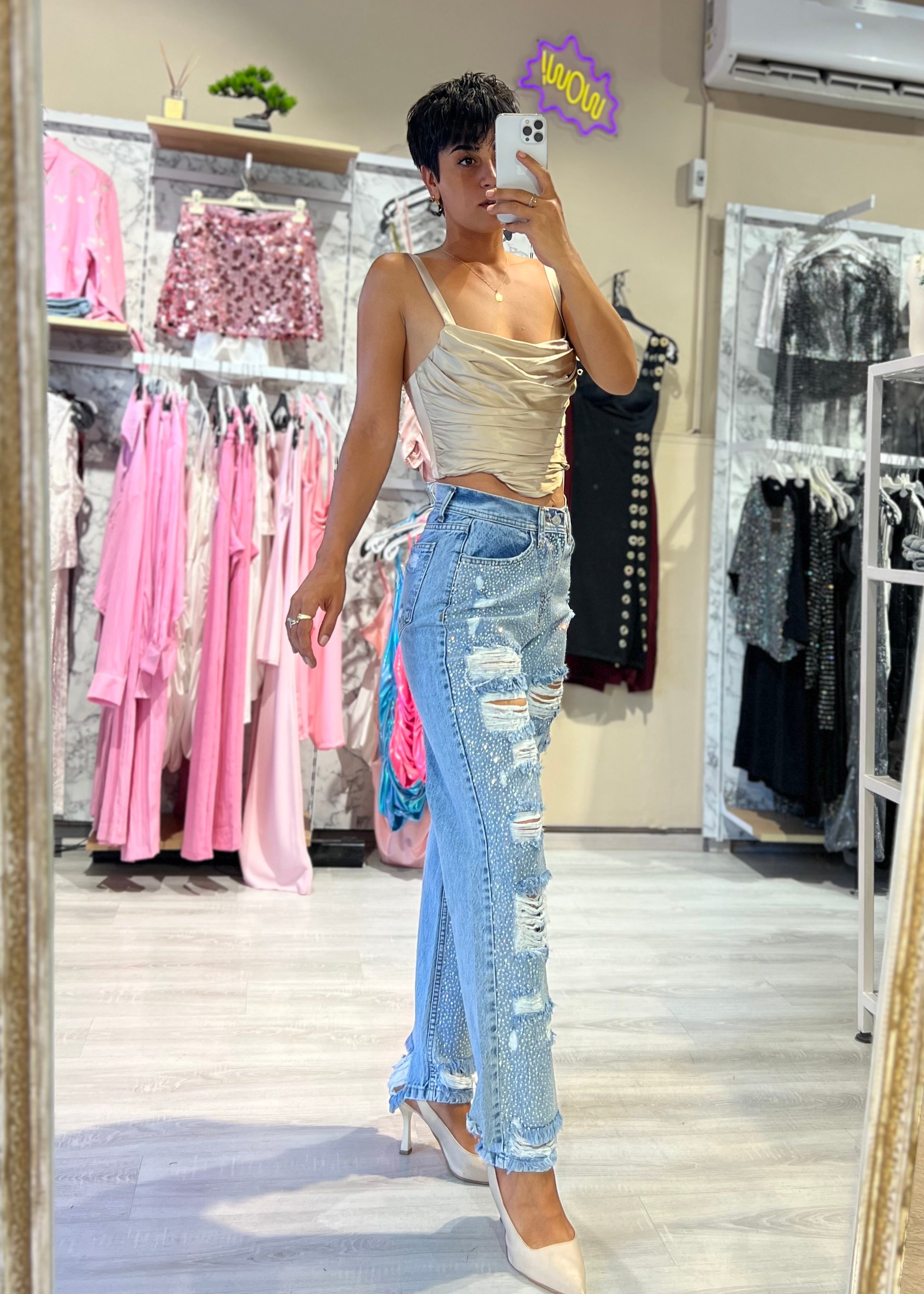 Mavi Taşlı  Lazer Kesim Jean Pantolon