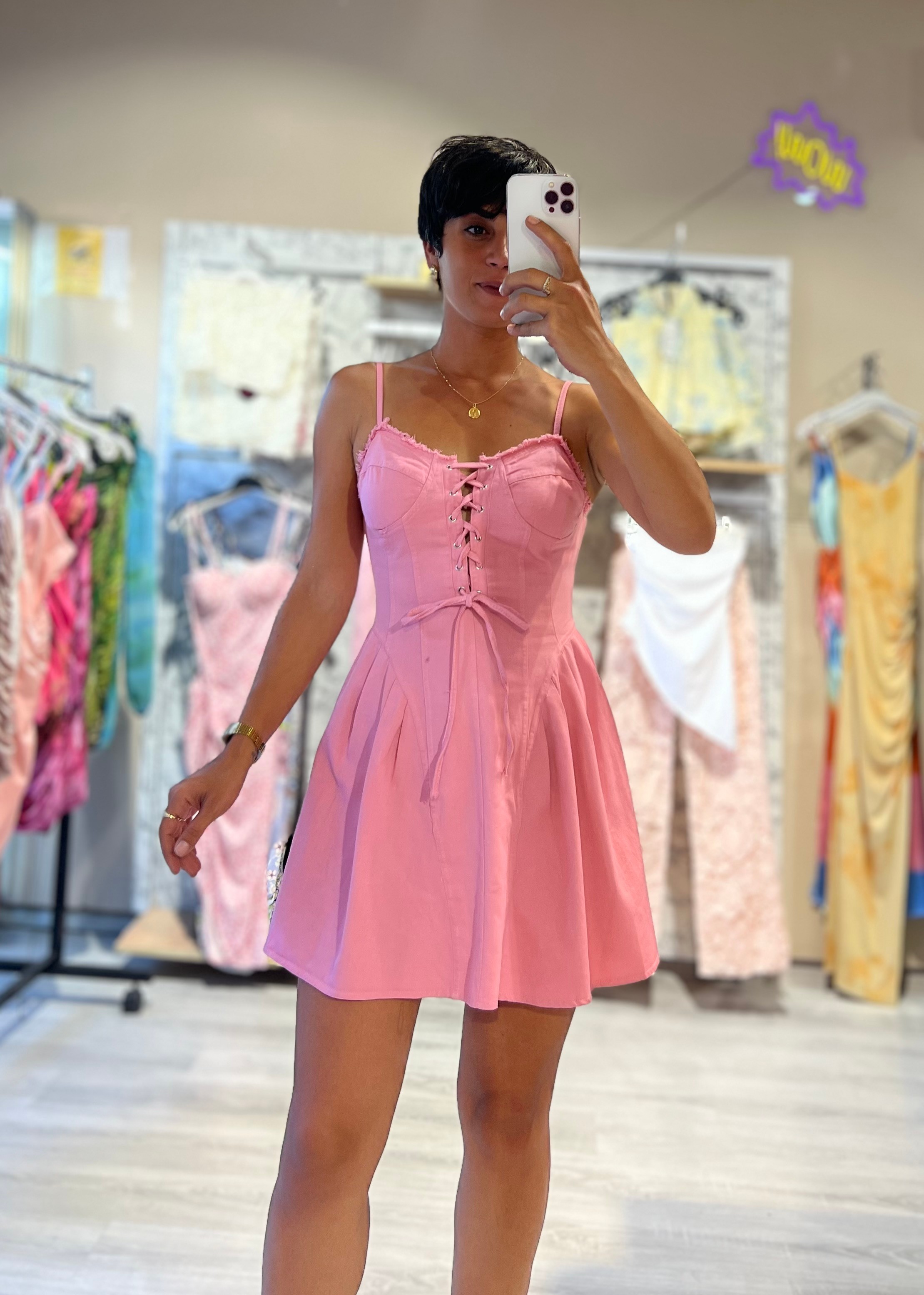 Pembe Çan Kesim Kot Elbise 