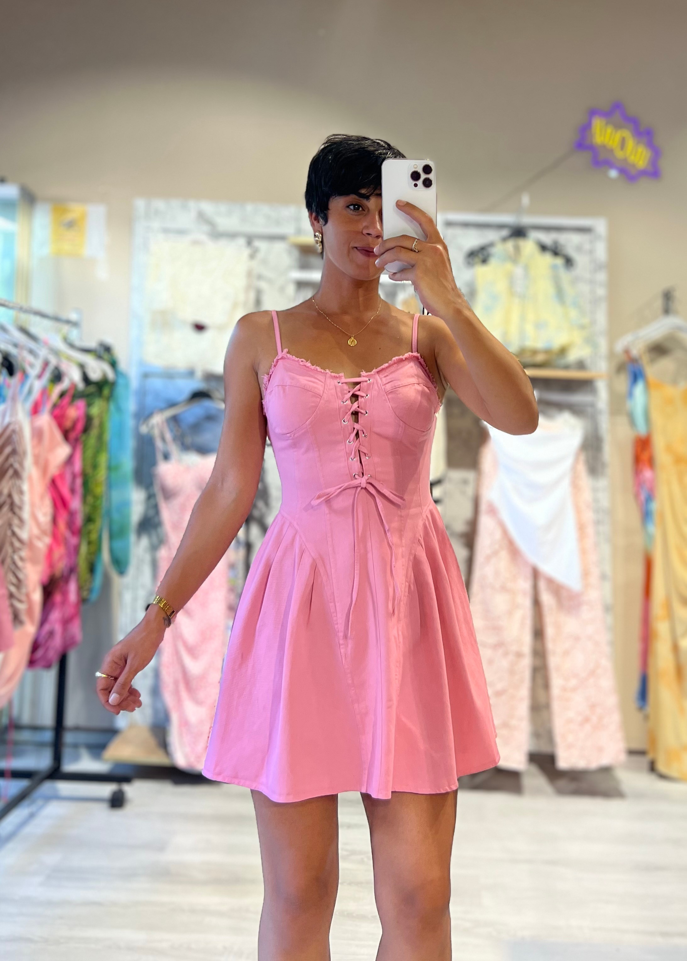 Pembe Çan Kesim Kot Elbise 