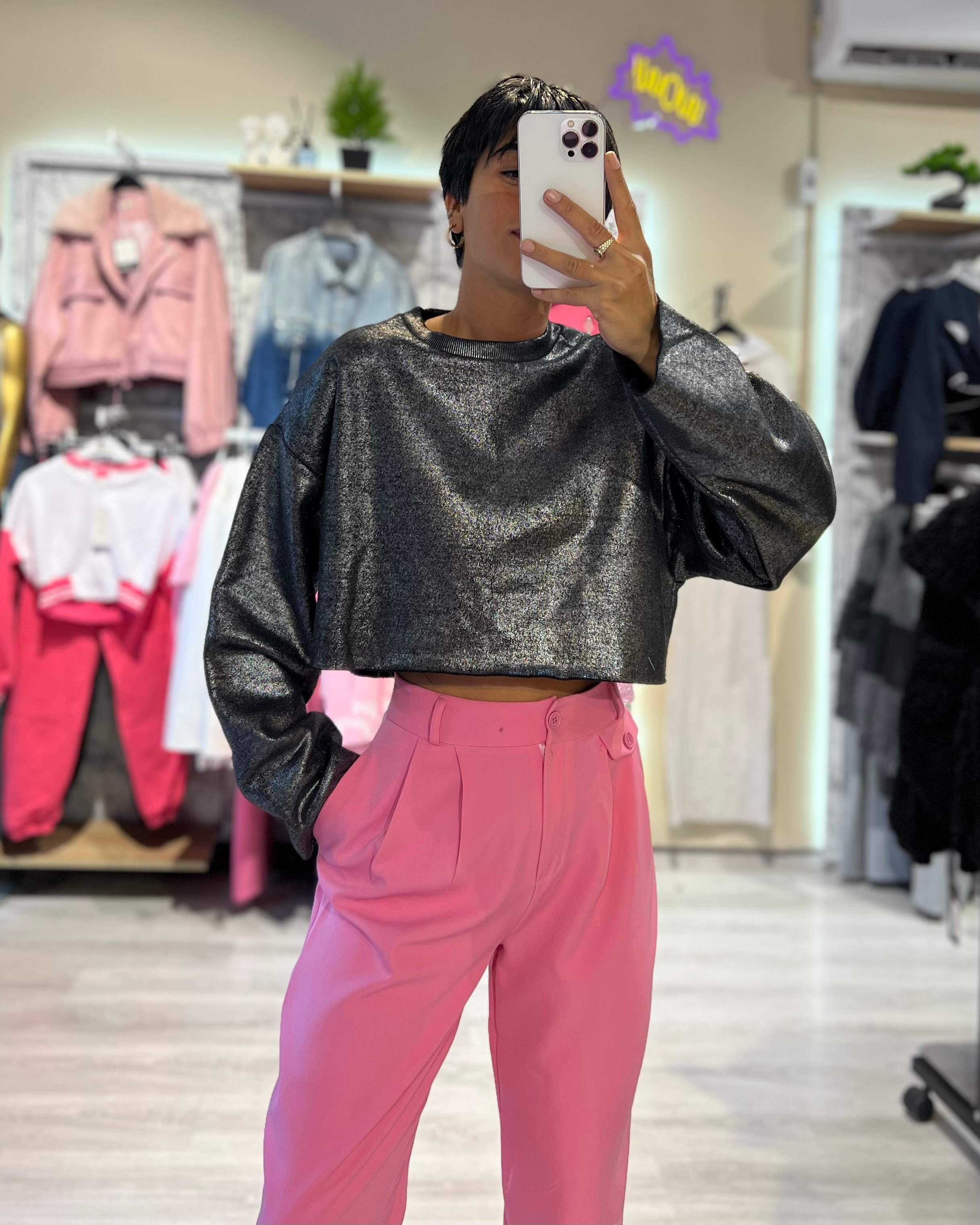 Antrasit Parlak 3 İplik Crop Sweatshirt