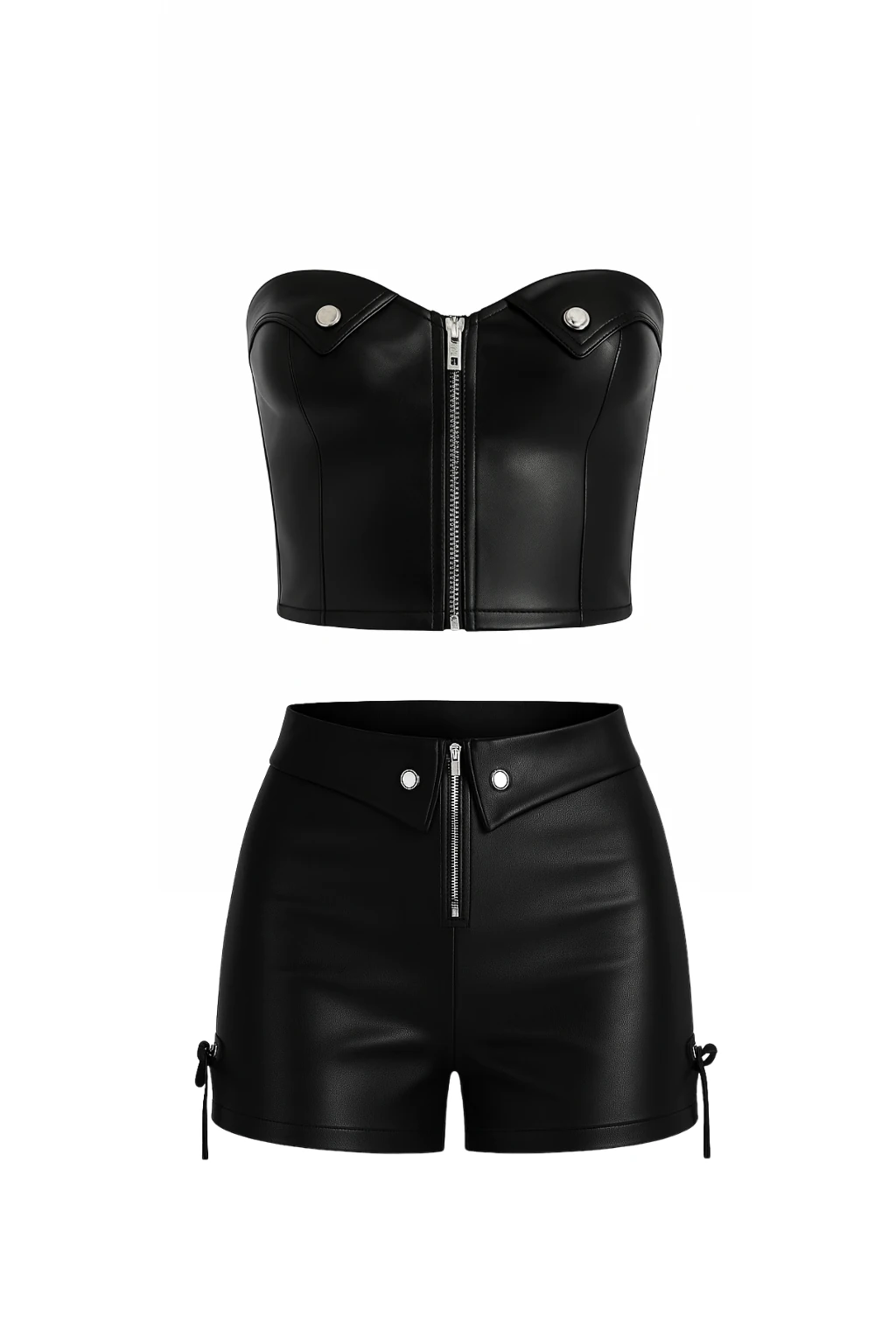 Suni Deri Büstiyer & Şort Takım  - SİYAH