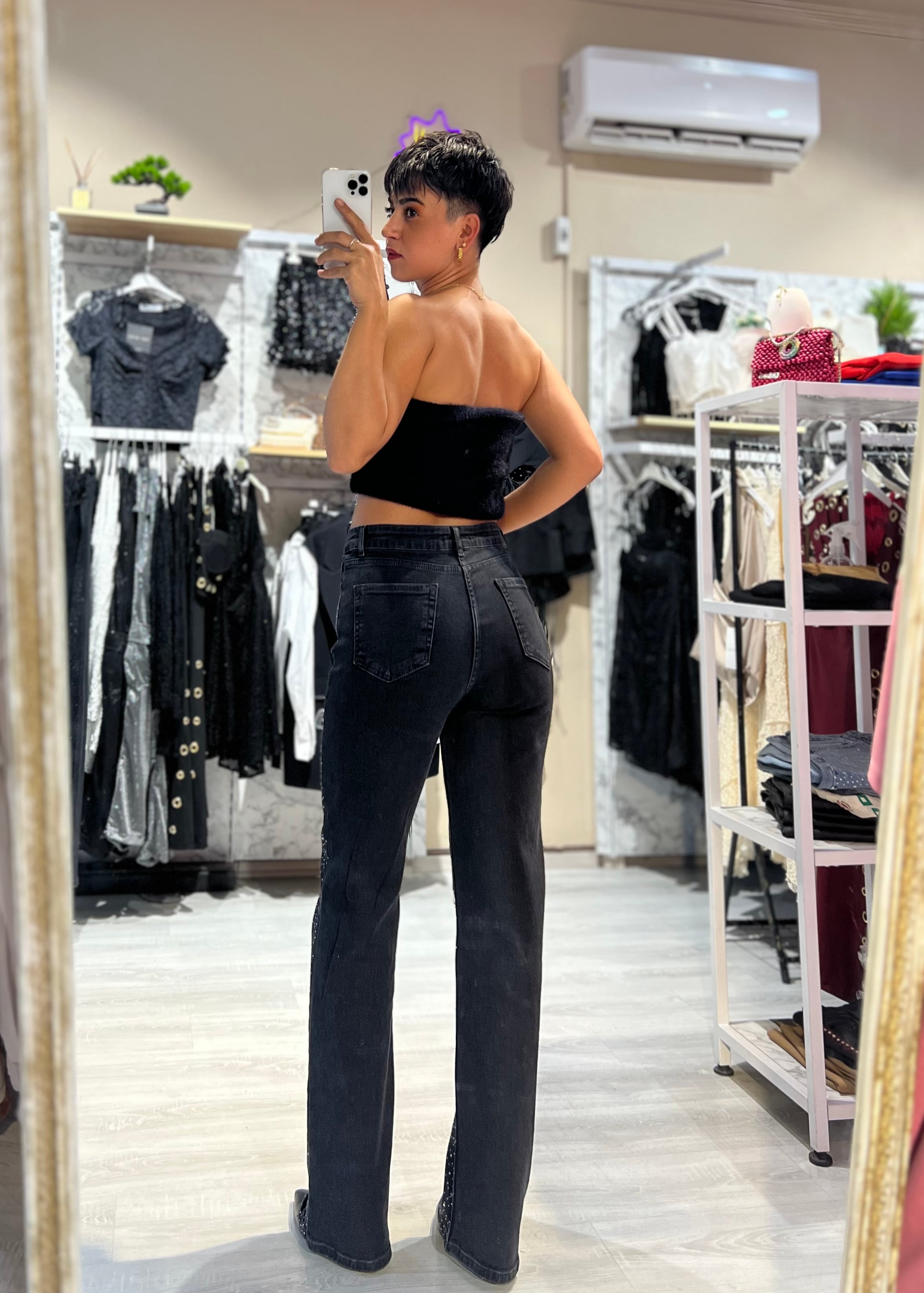 Taşlı Ultra Yüksek Bel Likralı Taşlı Jean Pantolon