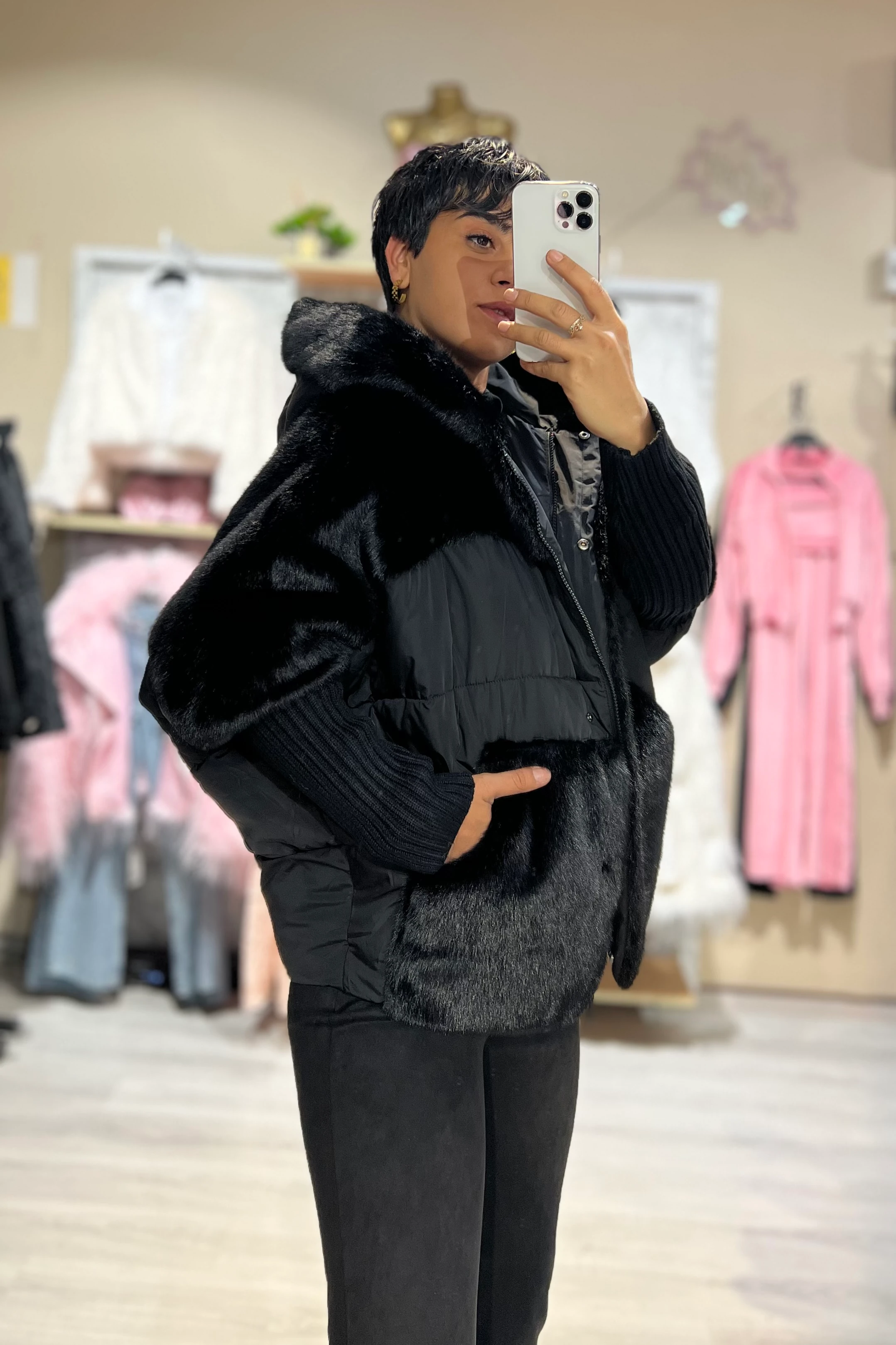 Özel Tasarım İthal Kürklü Yarasa Kol Şişme Mont