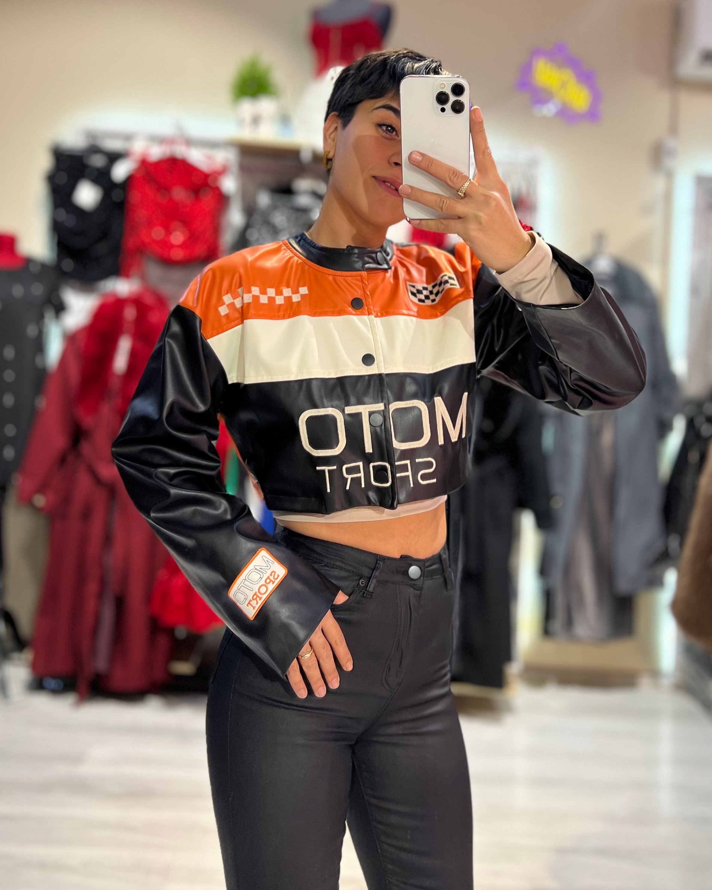 Moto Sport Suni Deri Crop Ceket