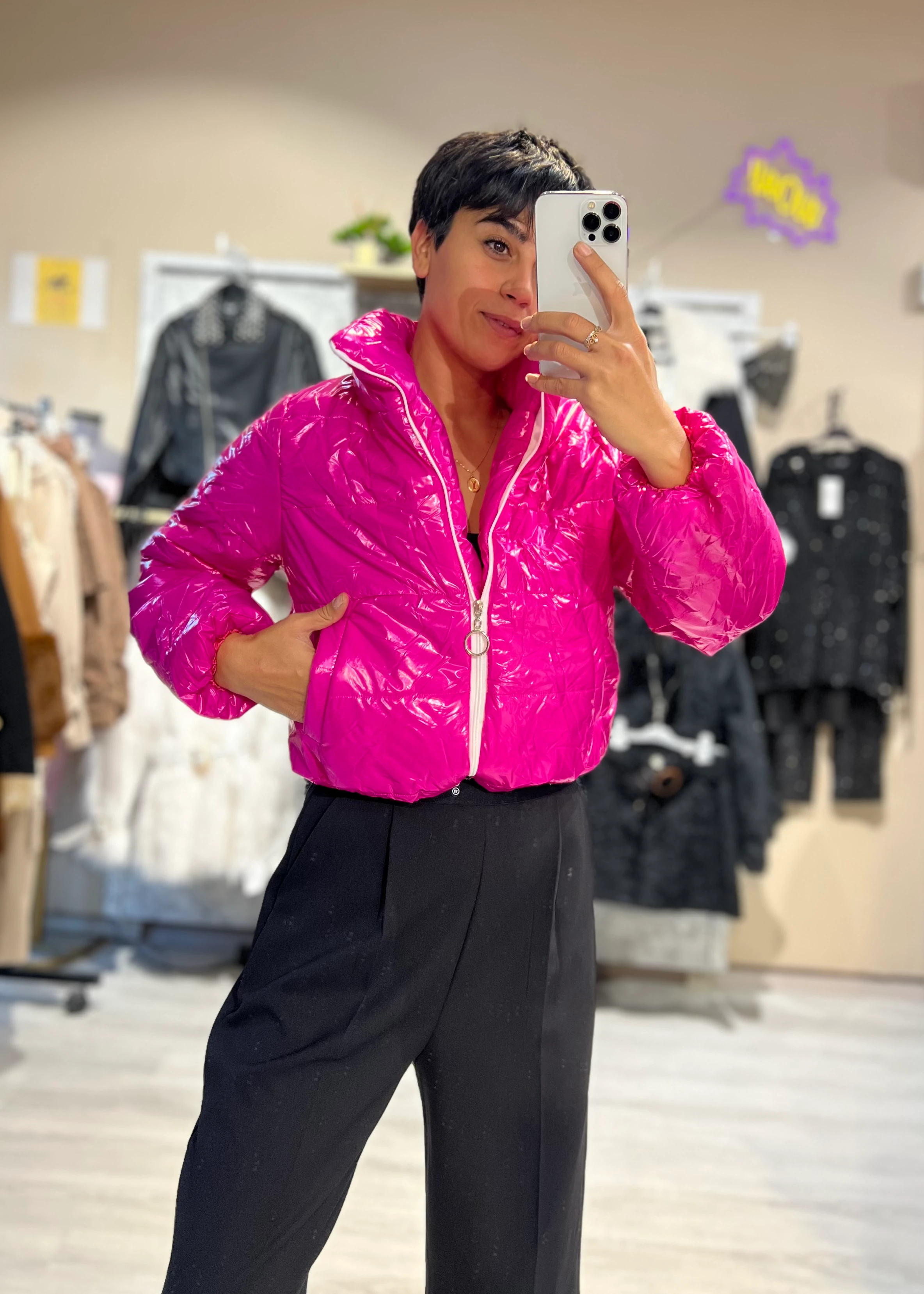 Parlak Dik Yaka Crop Şişme Mont - PEMBE