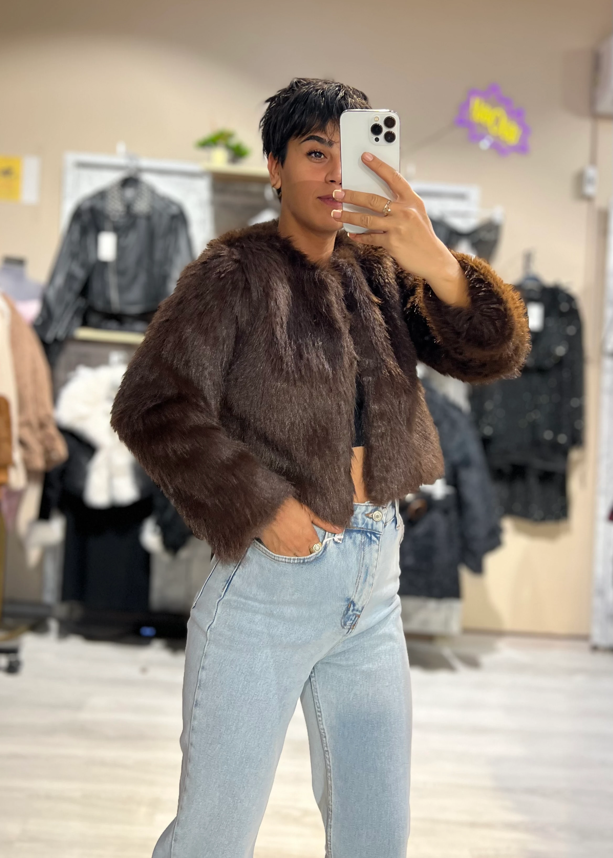 Marka Model Crop Kürk Mont - KAHVERENGİ