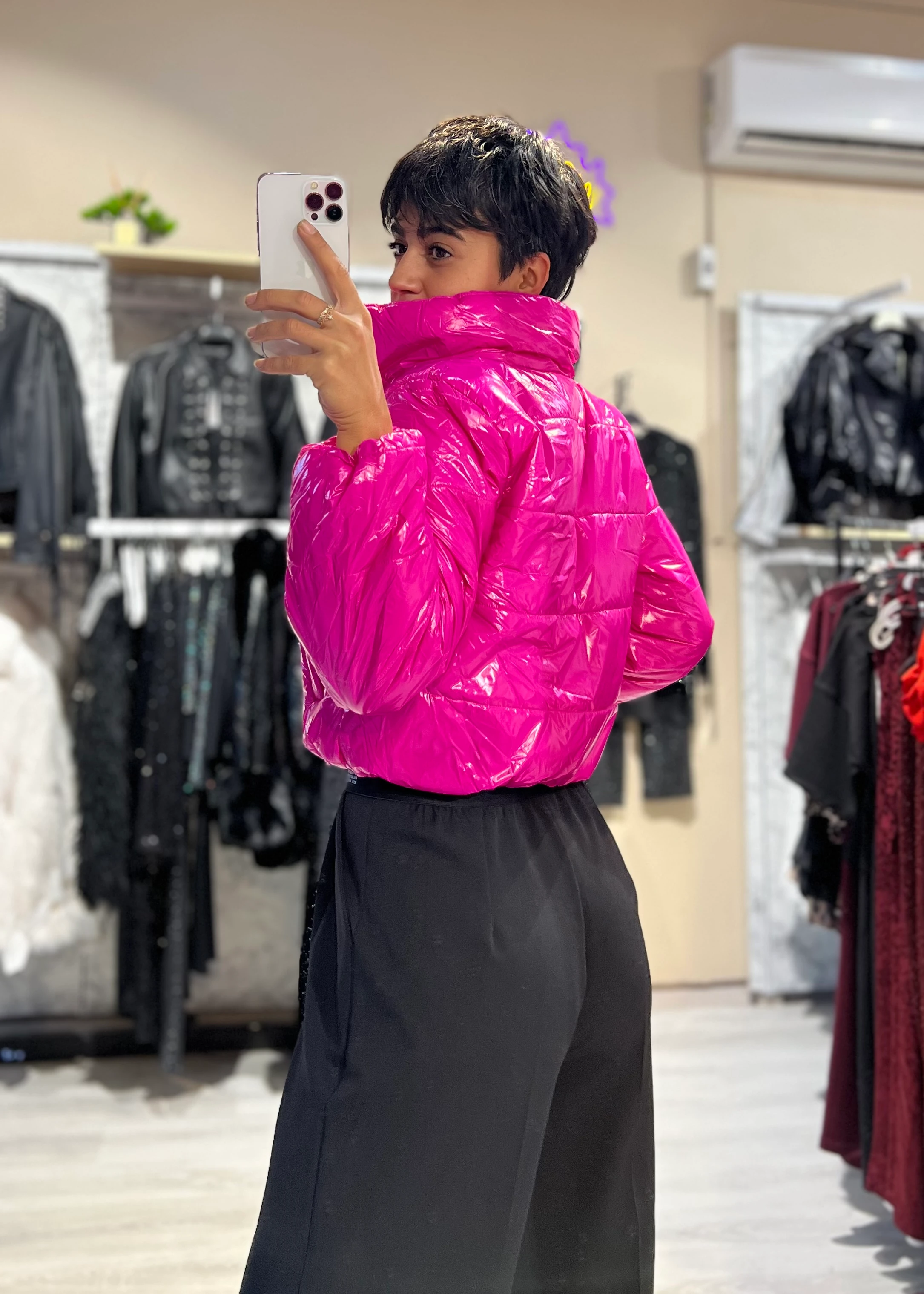 Parlak Dik Yaka Crop Şişme Mont - PEMBE