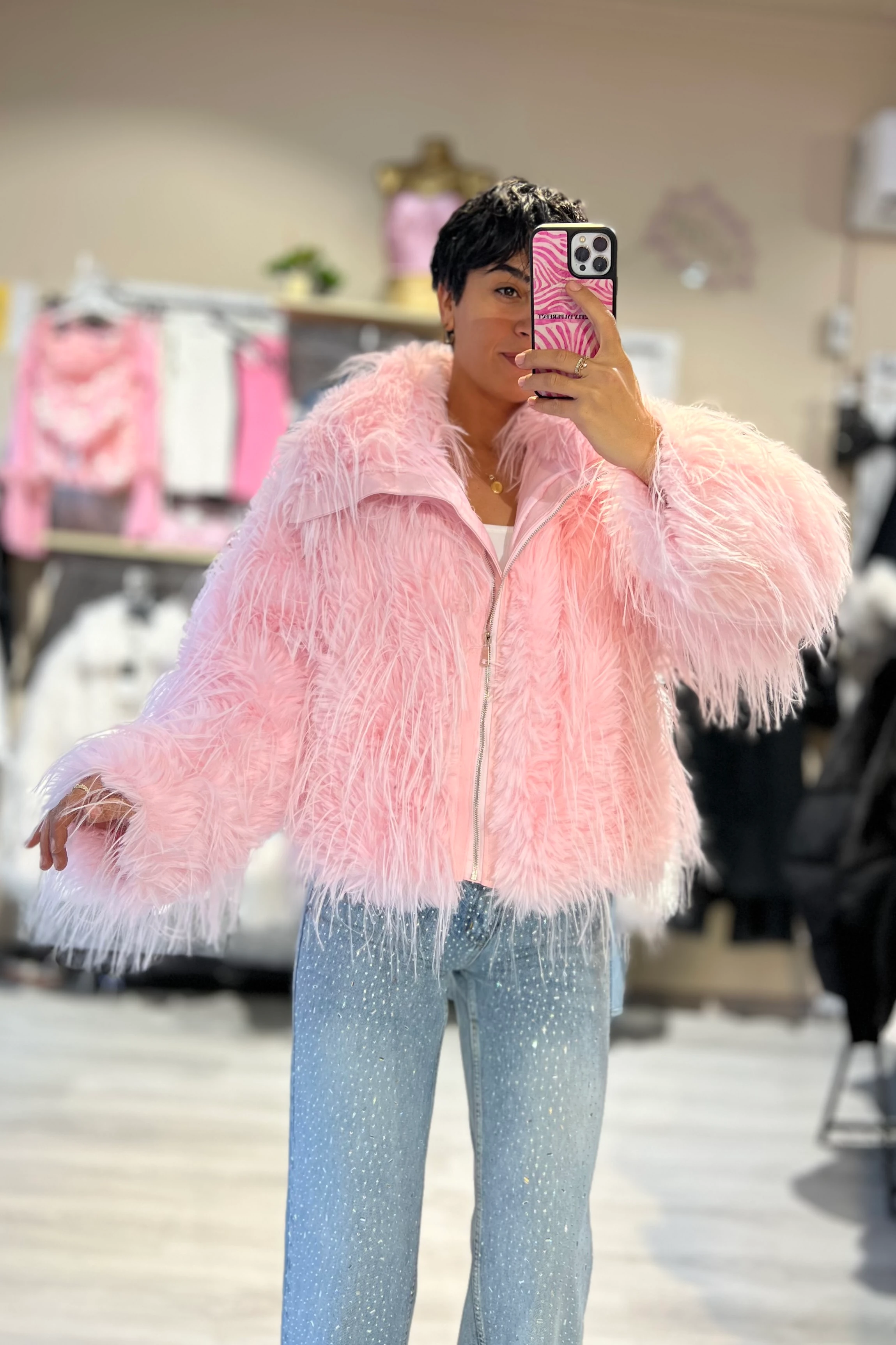 Luxury İthal Pembe Şal Yaka Suni Kürk Mont 