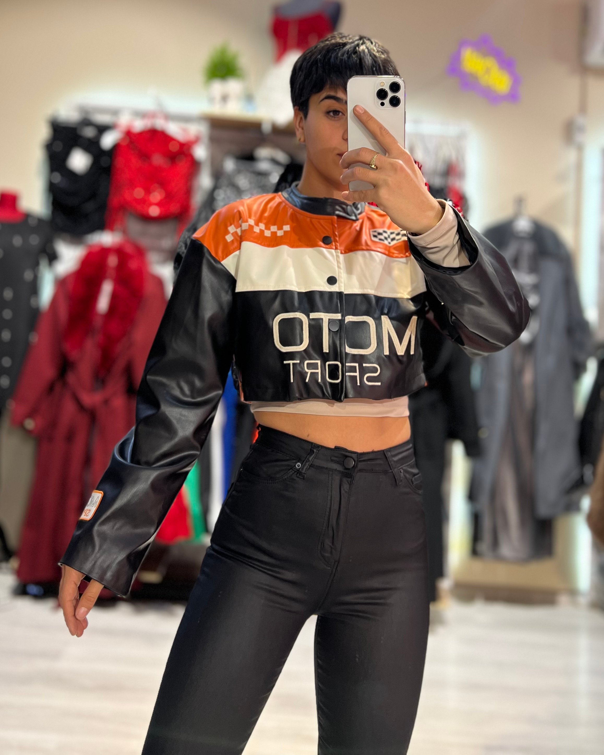 Moto Sport Suni Deri Crop Ceket