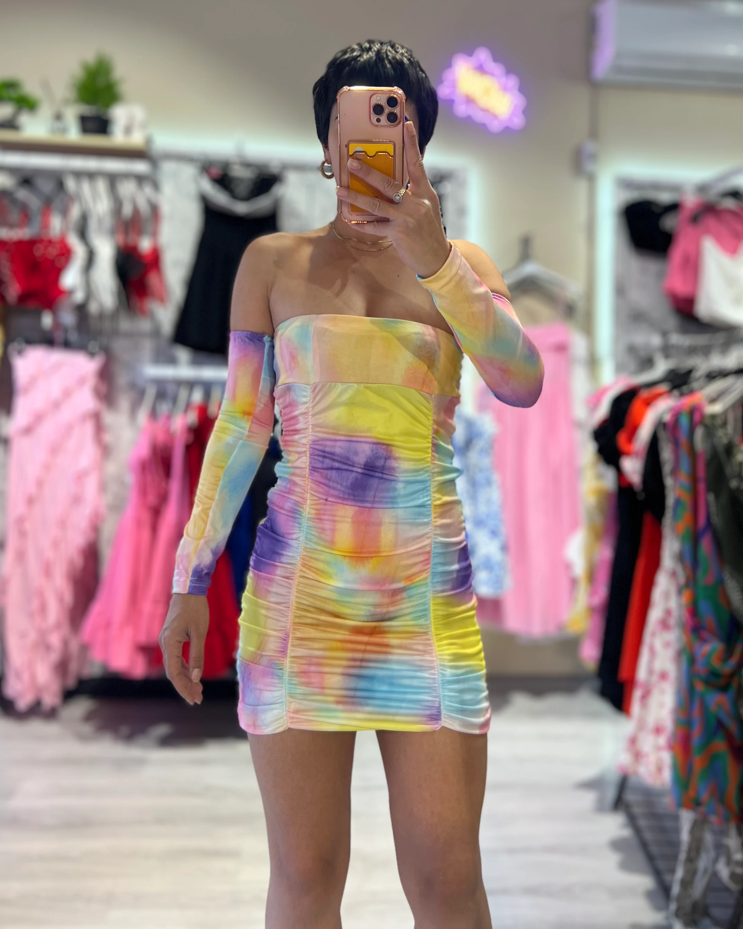 Renk Geçişli Drapeli Tak Çıkar Kol Detaylı Elbise - PEMBE