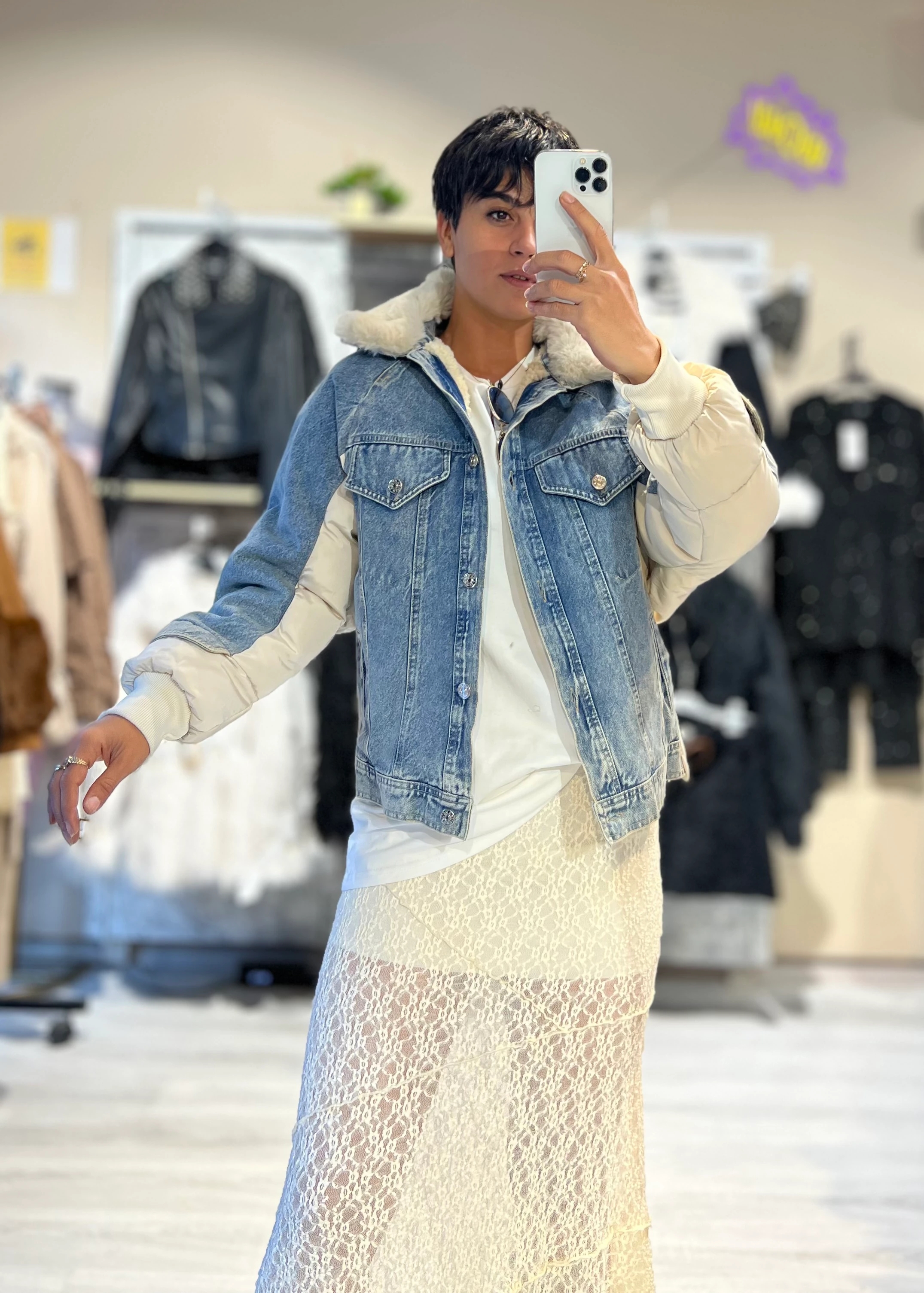 Özel Tasarım Denim Detaylı Şişme Mont