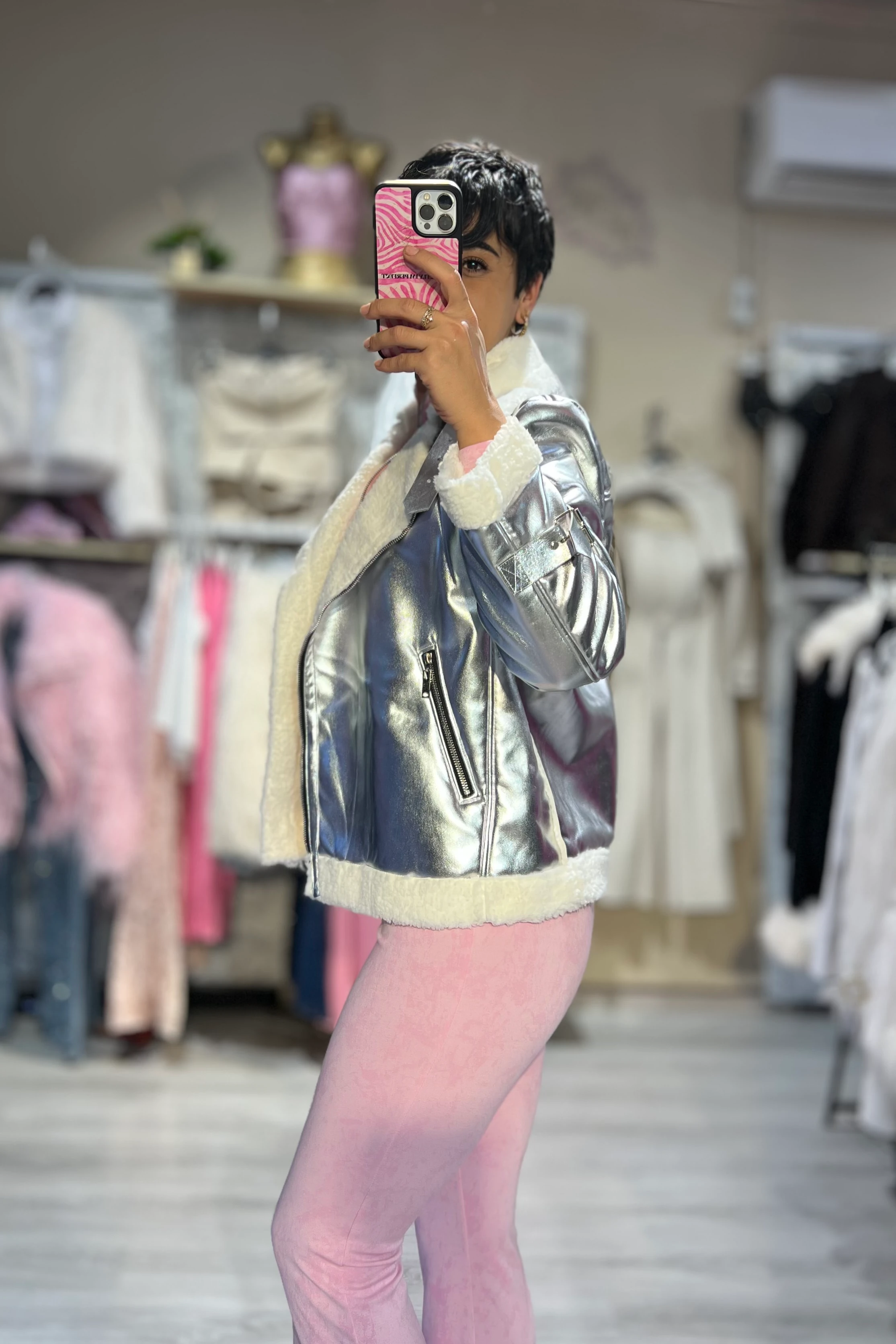 Belinda Parlak Deri Ceket  - SİLVER