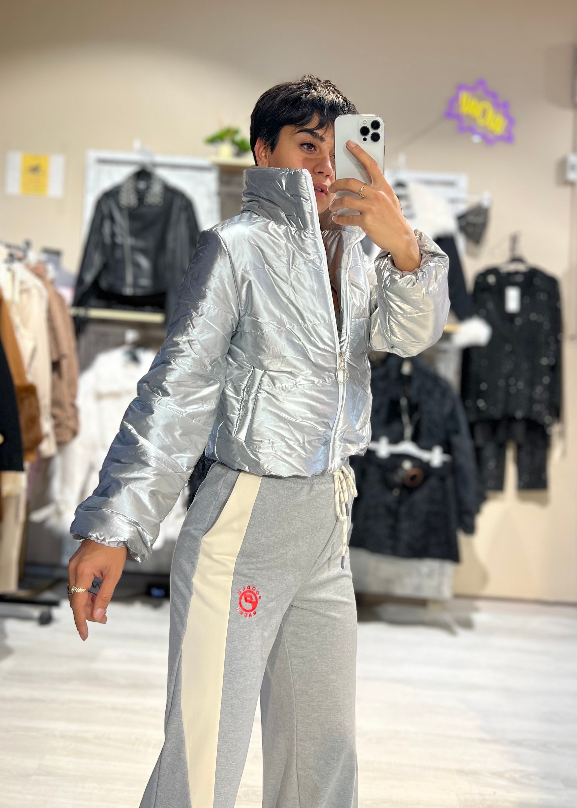 Metalik Gri Crop Şişme Mont 