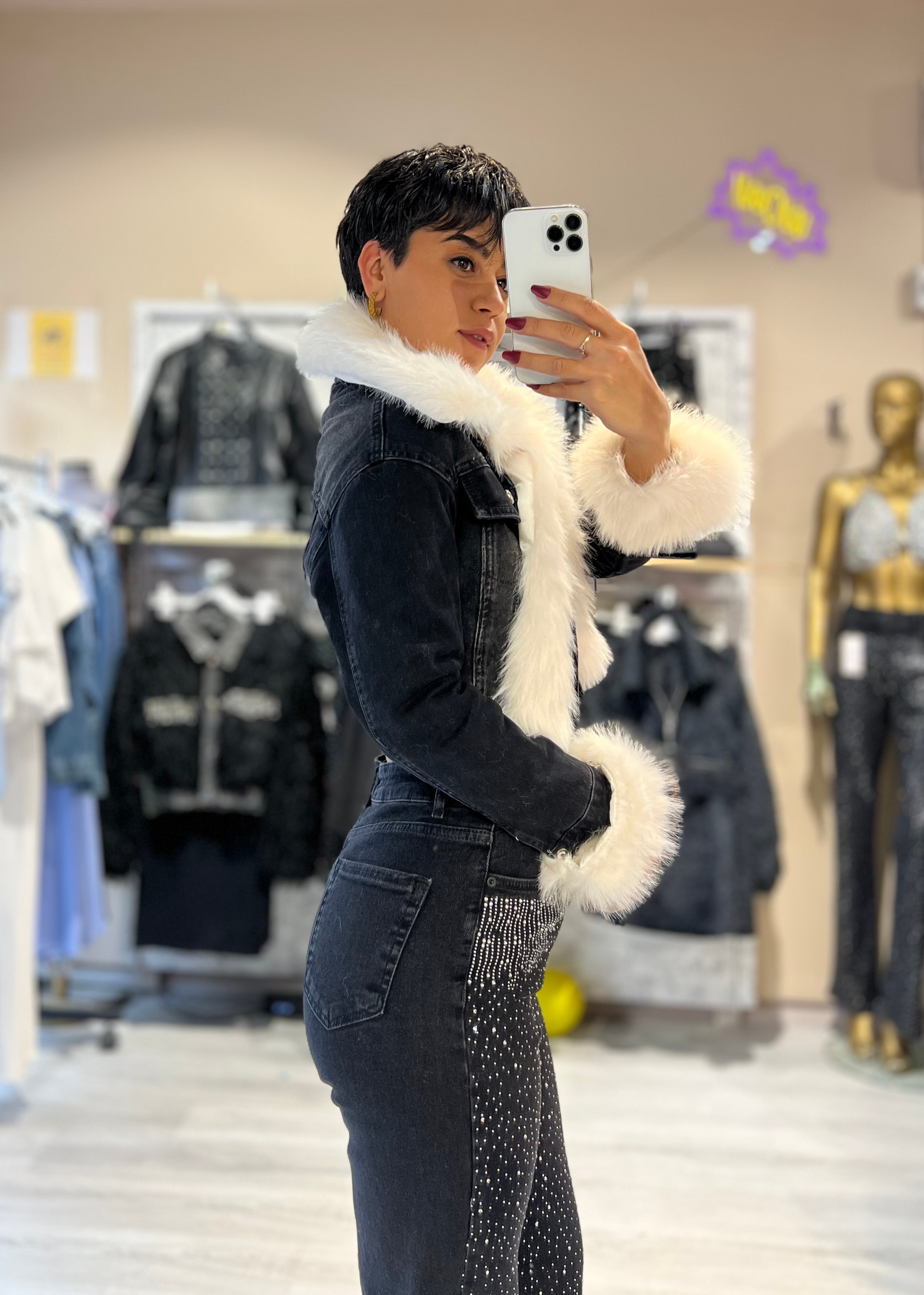 Suni Kürklü Yaka ve Kol Çıkabilen Denim Mont 