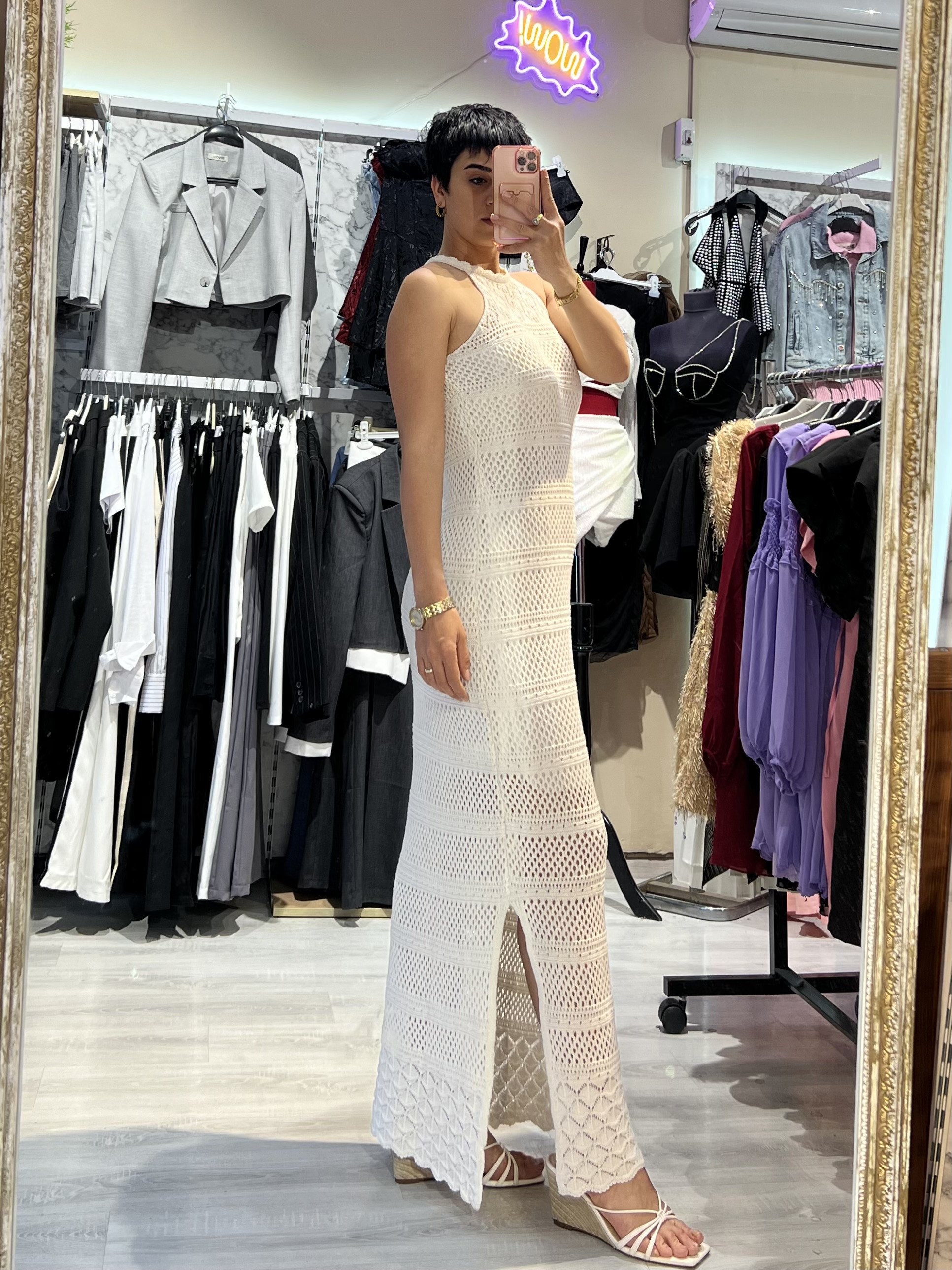Ekru Halter Yaka Örme Uzun Elbise