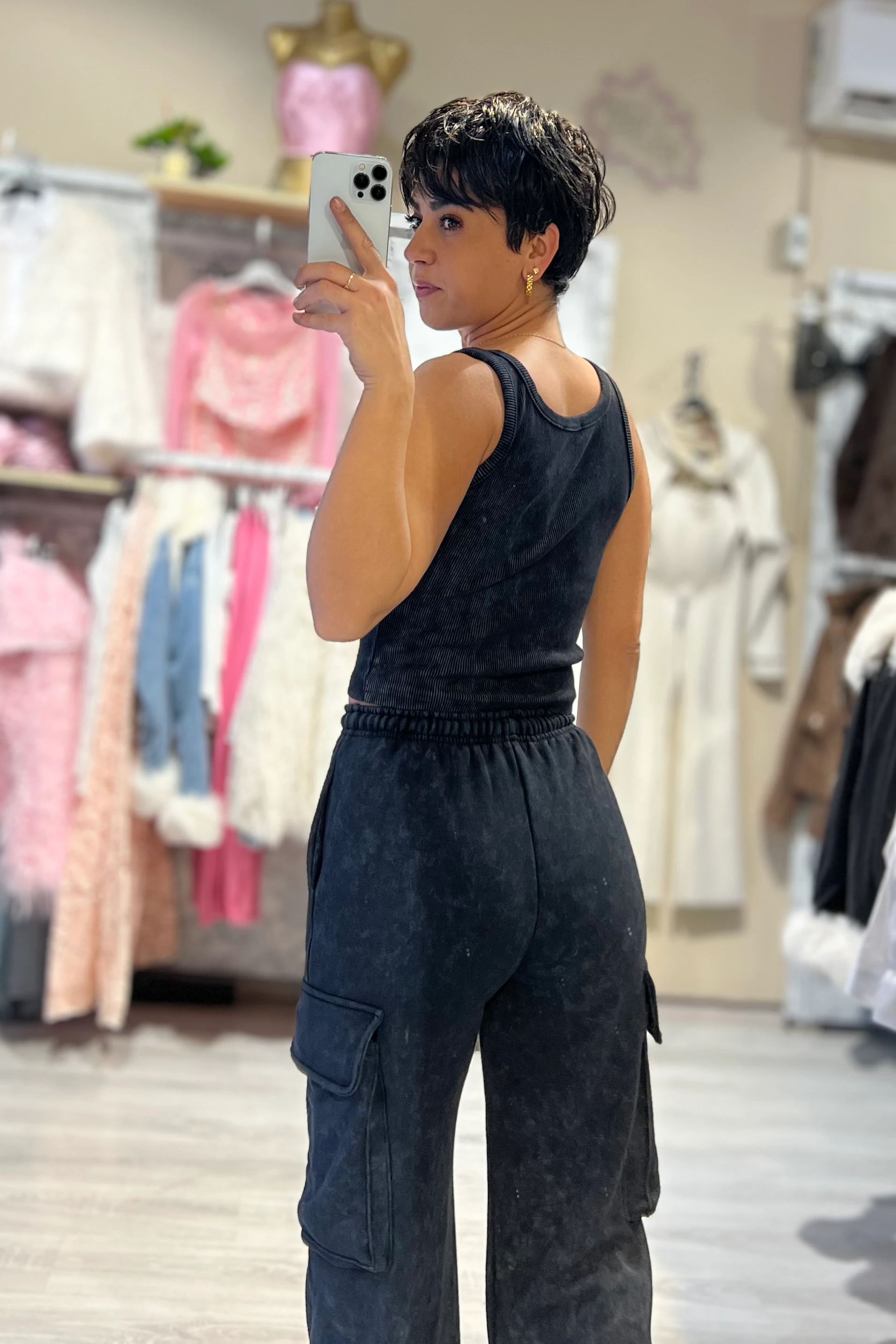 Siyah Yıkamalı 3’lü Kargo Cepli Eşofman Takımı 