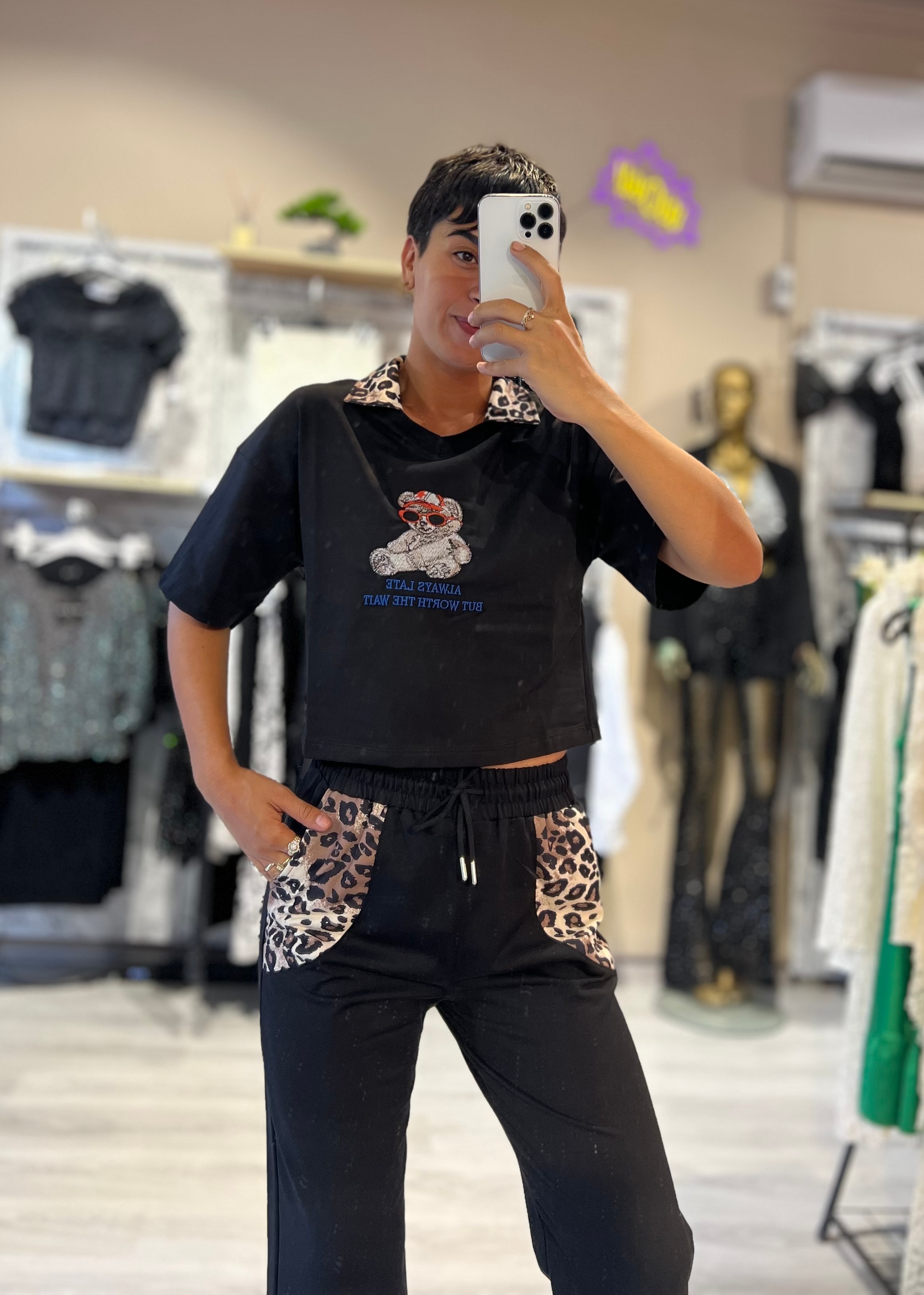 Siyah Leopar Detaylı 2'Li Eşofman Takım