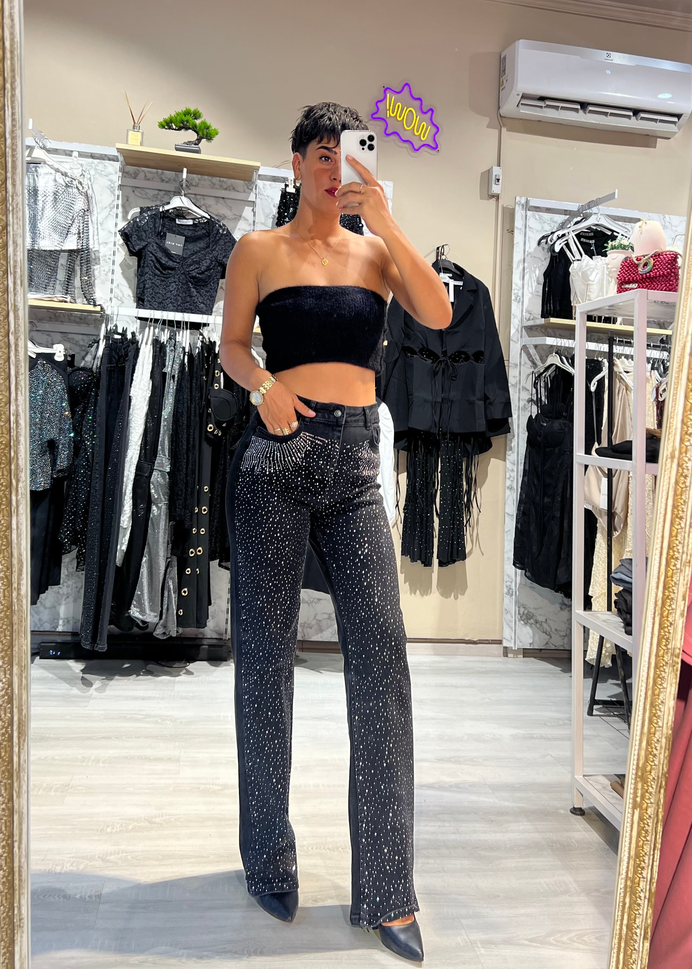 Taşlı Ultra Yüksek Bel Likralı Taşlı Jean Pantolon