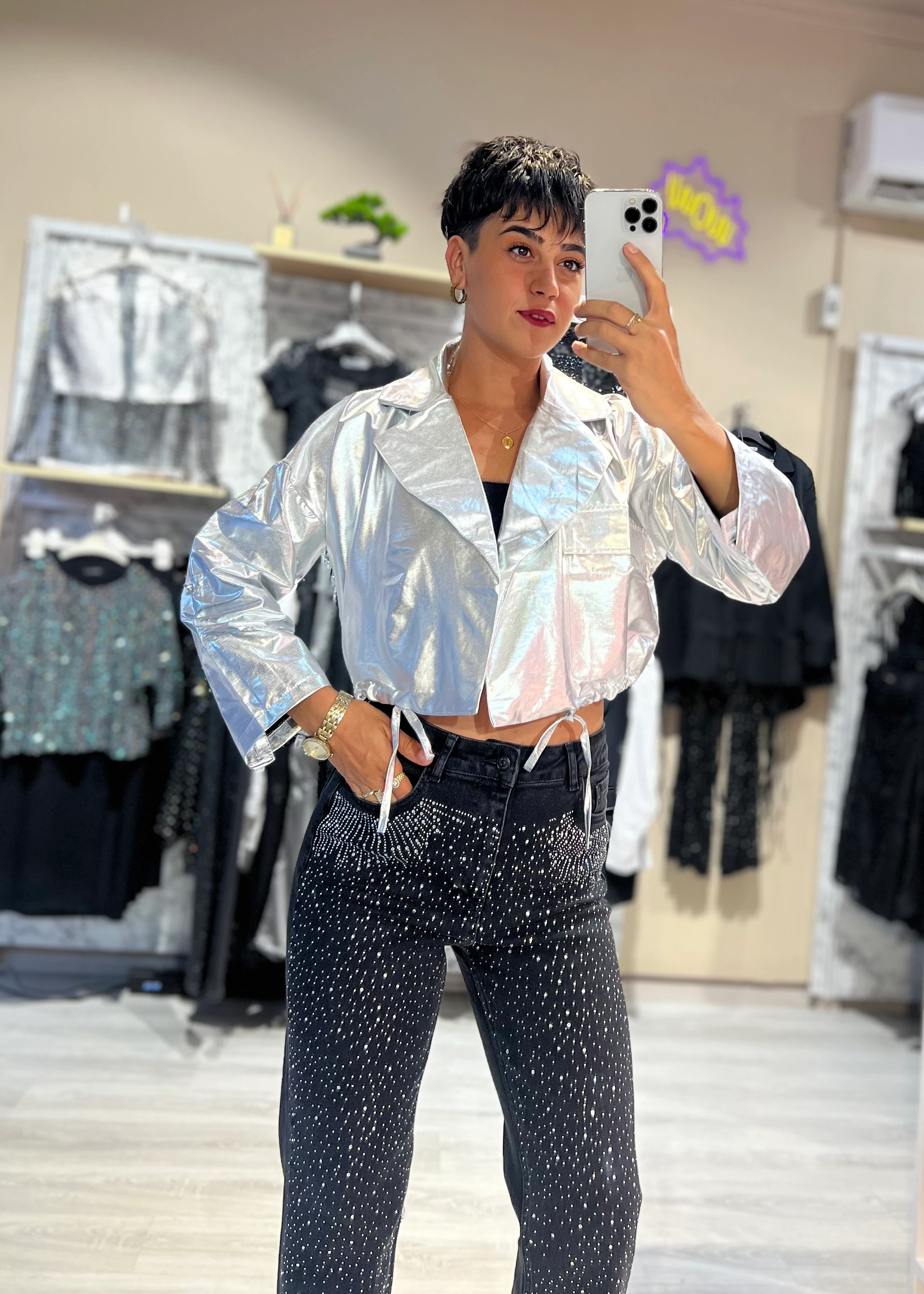 Parlak Geniş Yaka Crop Ceket - SİLVER