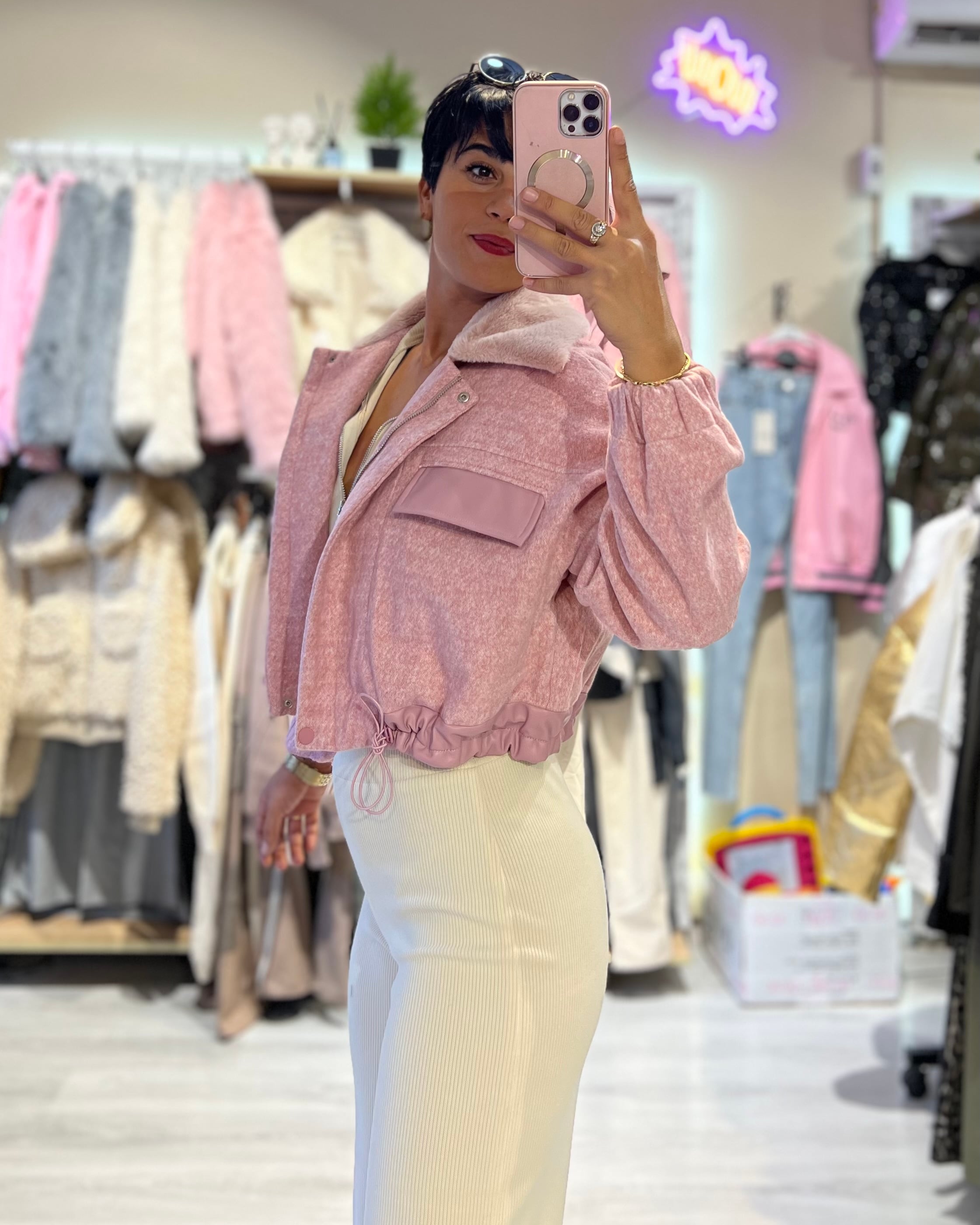 Tasarım Peluş ve Suni Deri Detaylı Kaşe Ceket&Mont