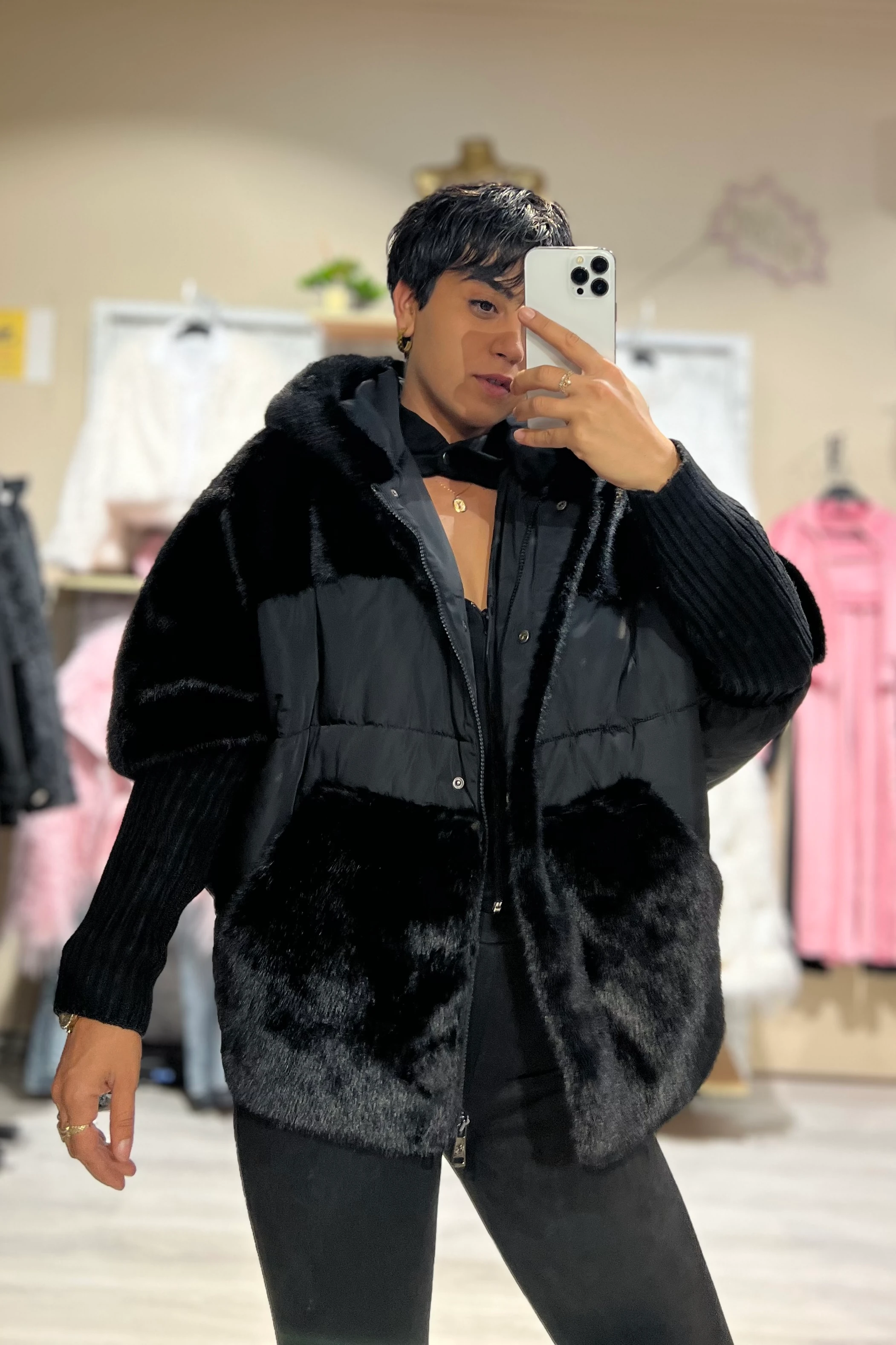 Özel Tasarım İthal Kürklü Yarasa Kol Şişme Mont