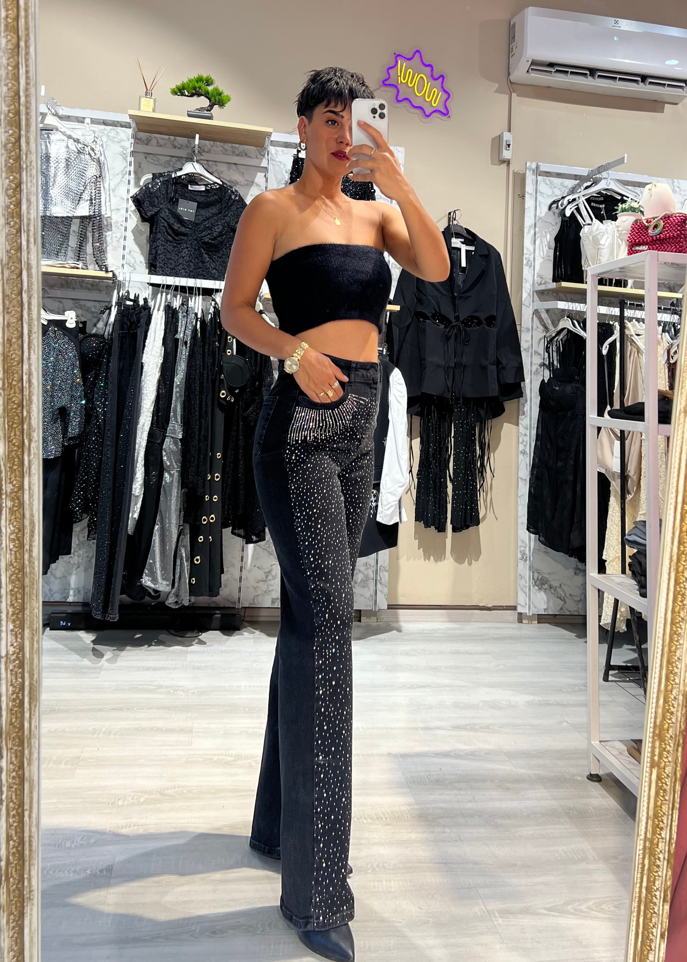 Taşlı Ultra Yüksek Bel Likralı Taşlı Jean Pantolon