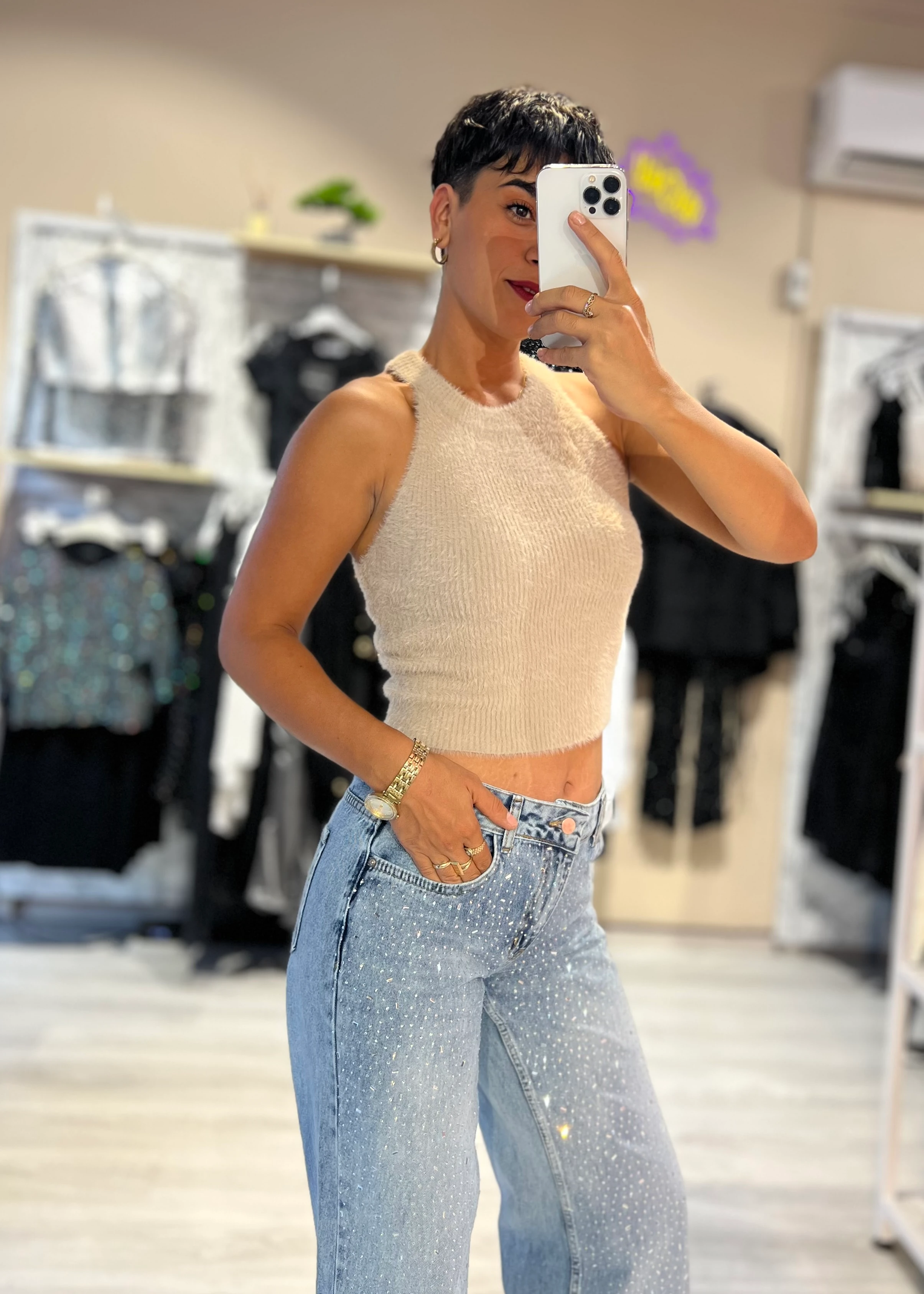 Halter Yaka Yumoş Bluz - BEJ