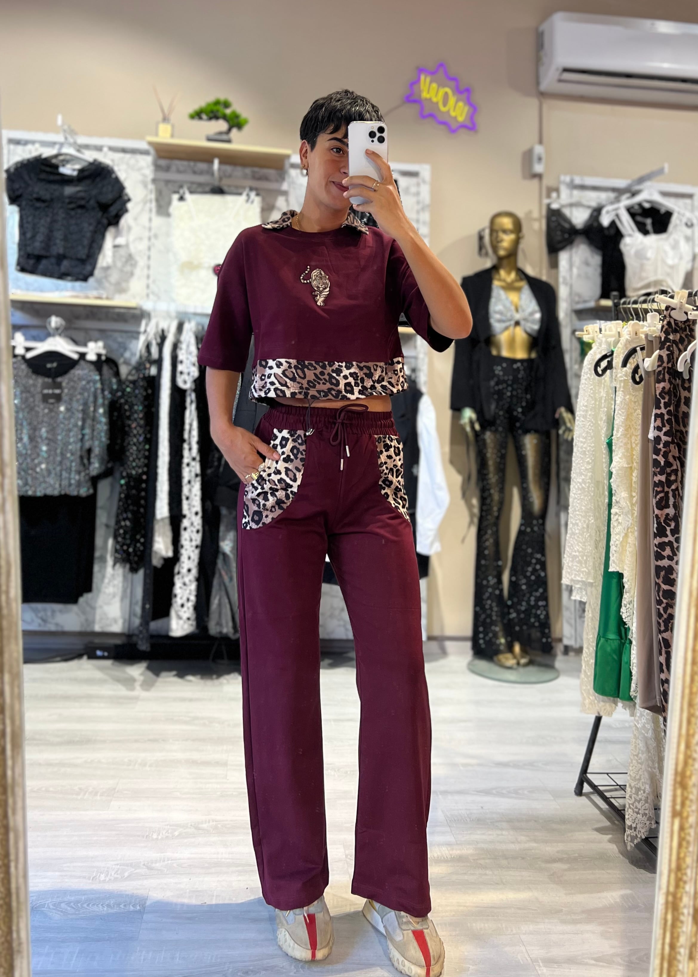 Bordo Leopar Detaylı 2'Li Eşofman Takımı