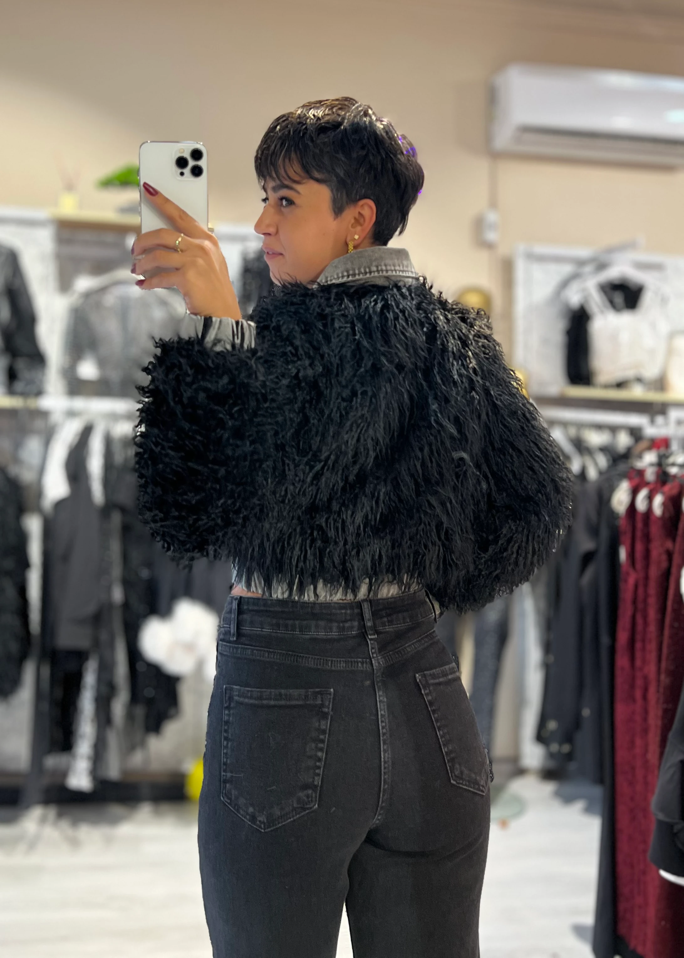 Premium Özel Tasarım Taş Detaylı Denim Garnili Süni Kürk Mont - SİYAH