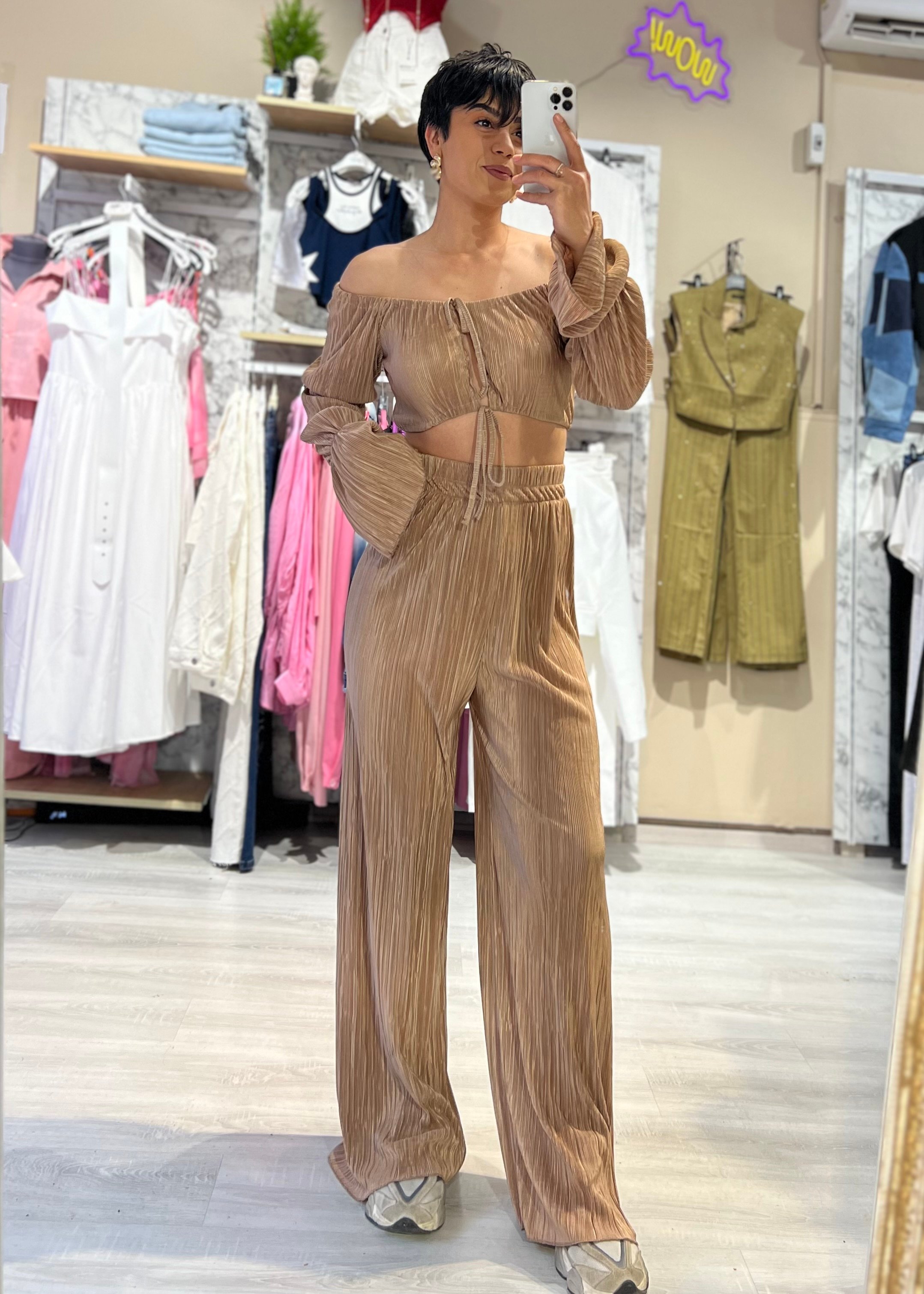 Plise Kumaş Çift Taraflı Bluz & Pantolon Takım