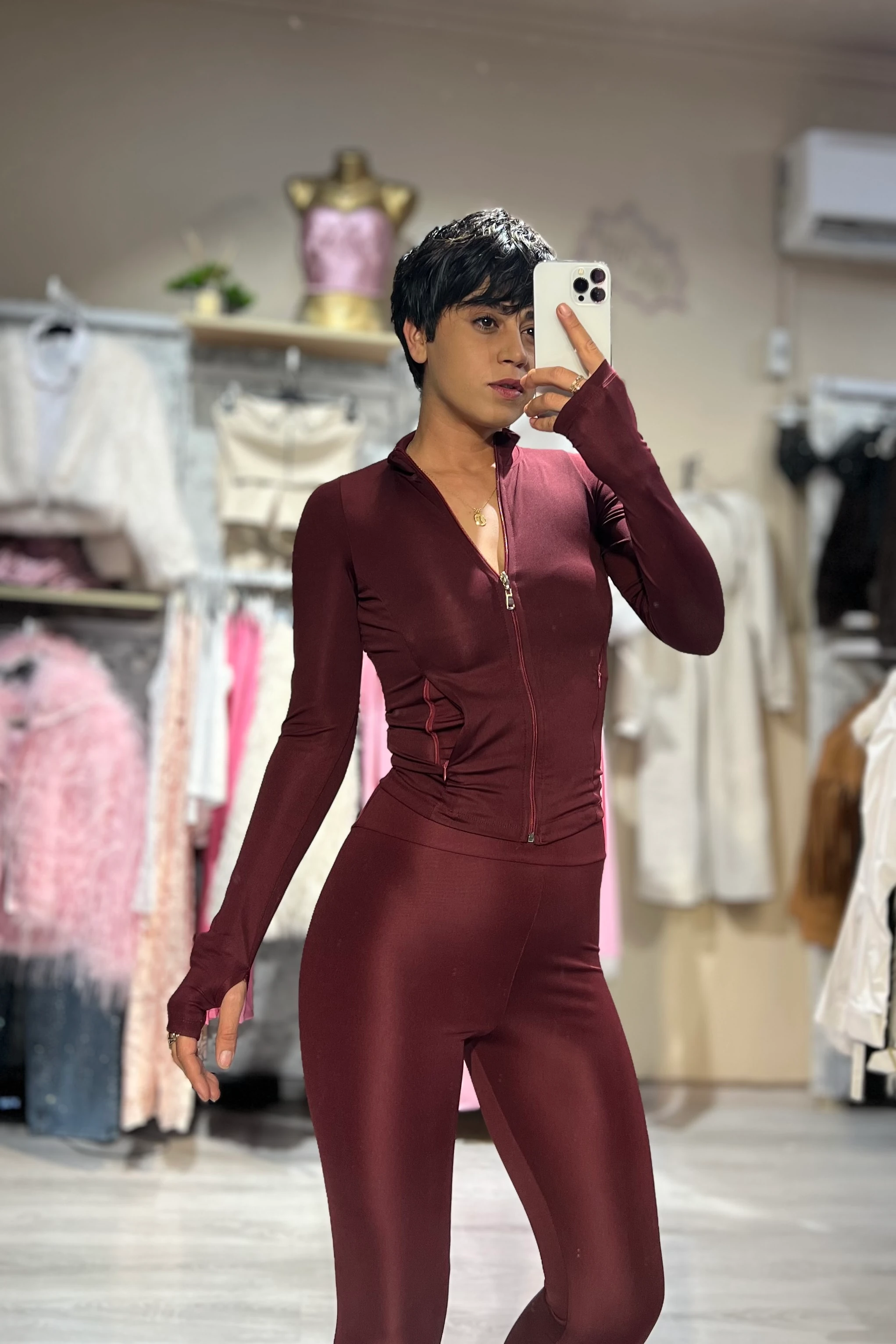 LunaForm Fermuarlı Parmak Geçmeli Sweathirt Tayt Takım  - BORDO