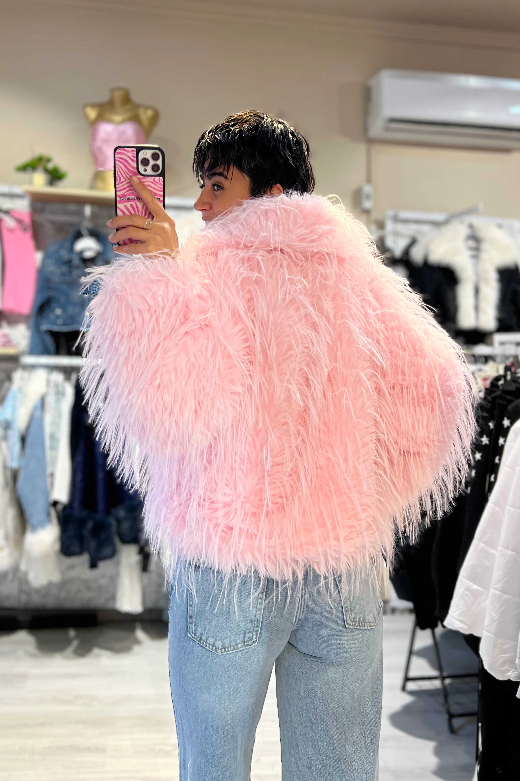 Luxury İthal Pembe Şal Yaka Suni Kürk Mont 