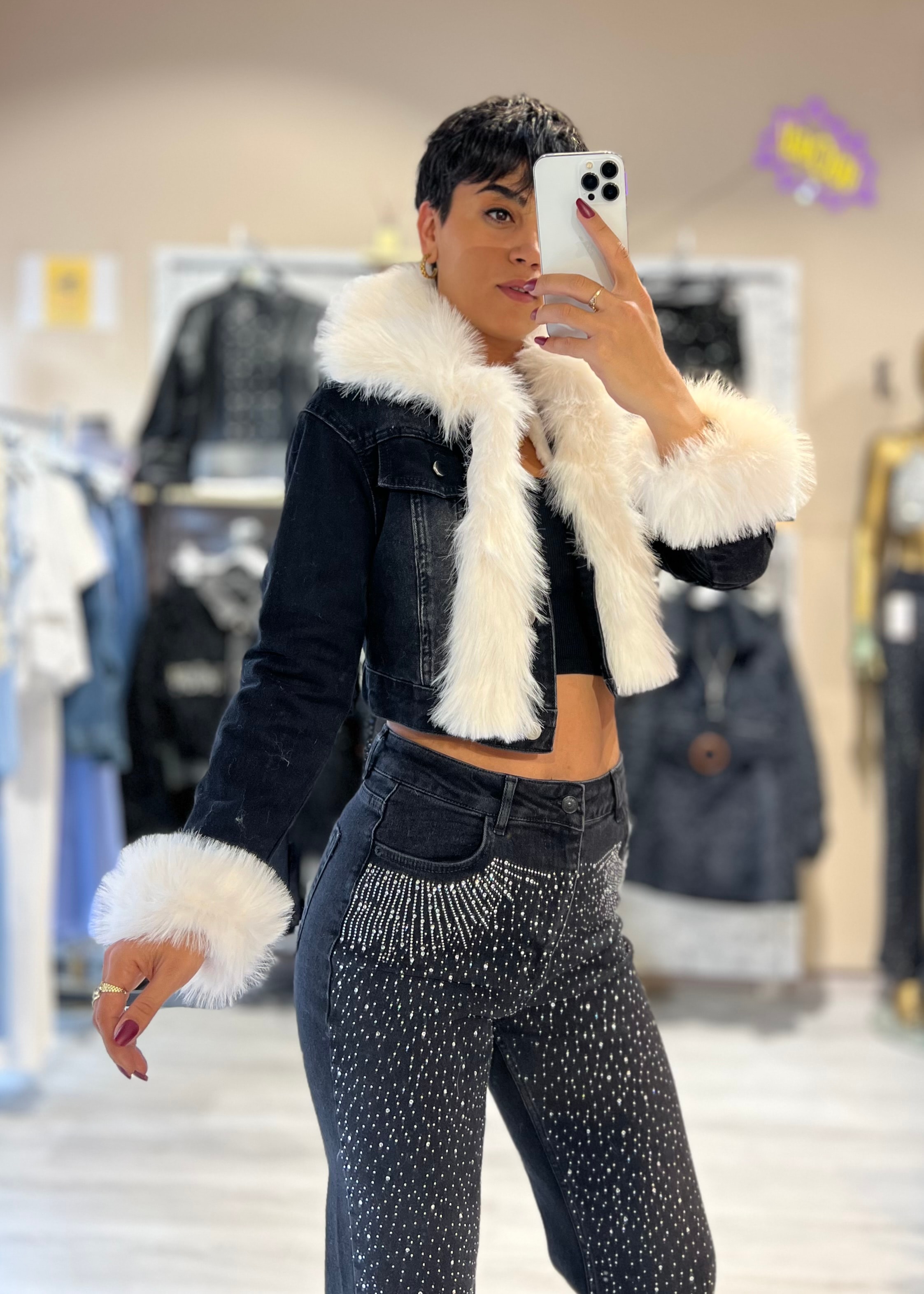 Suni Kürklü Yaka ve Kol Çıkabilen Denim Mont 