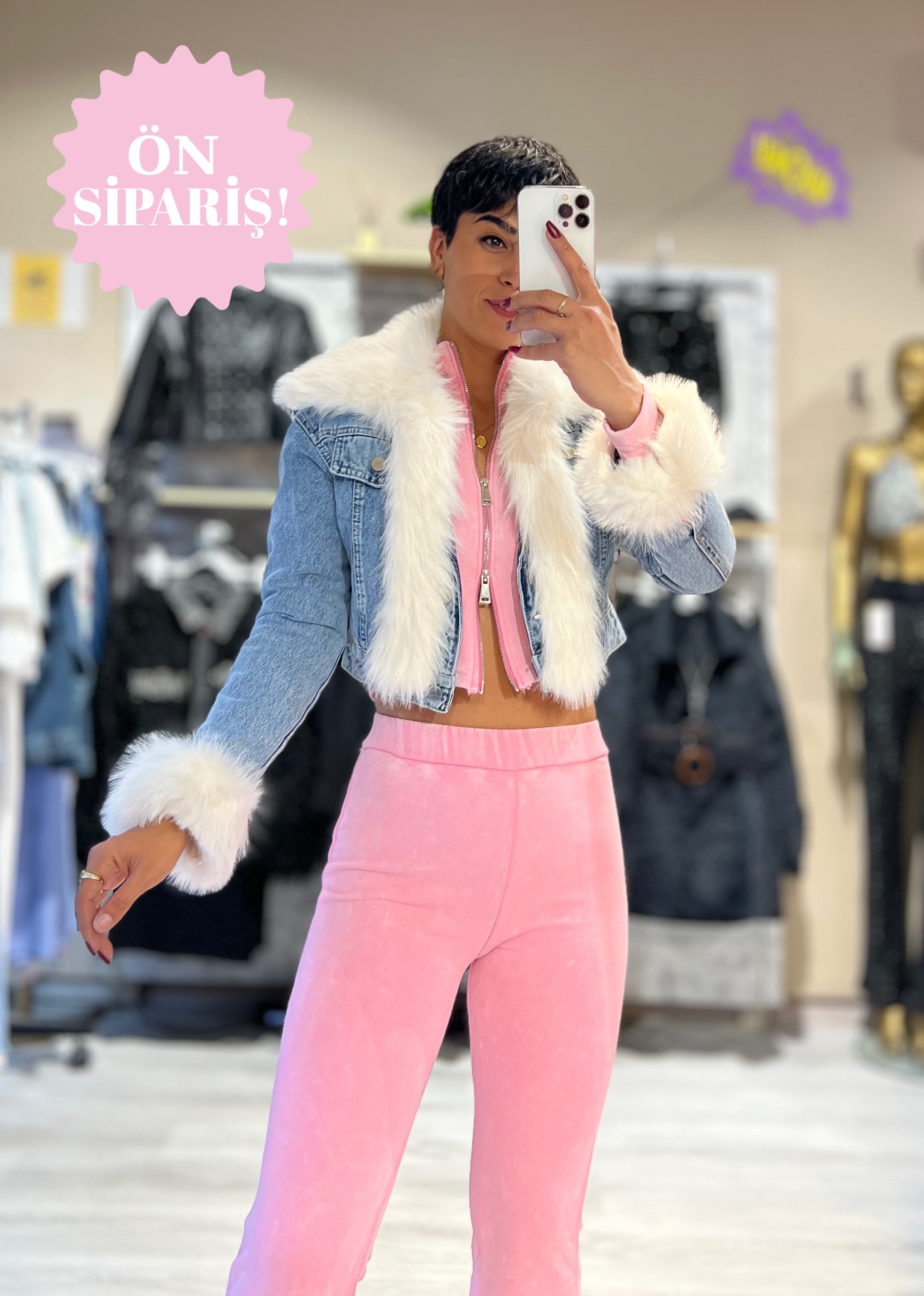 Suni Kürklü Yaka ve Kol Çıkabilen Denim Mont  - MAVİ