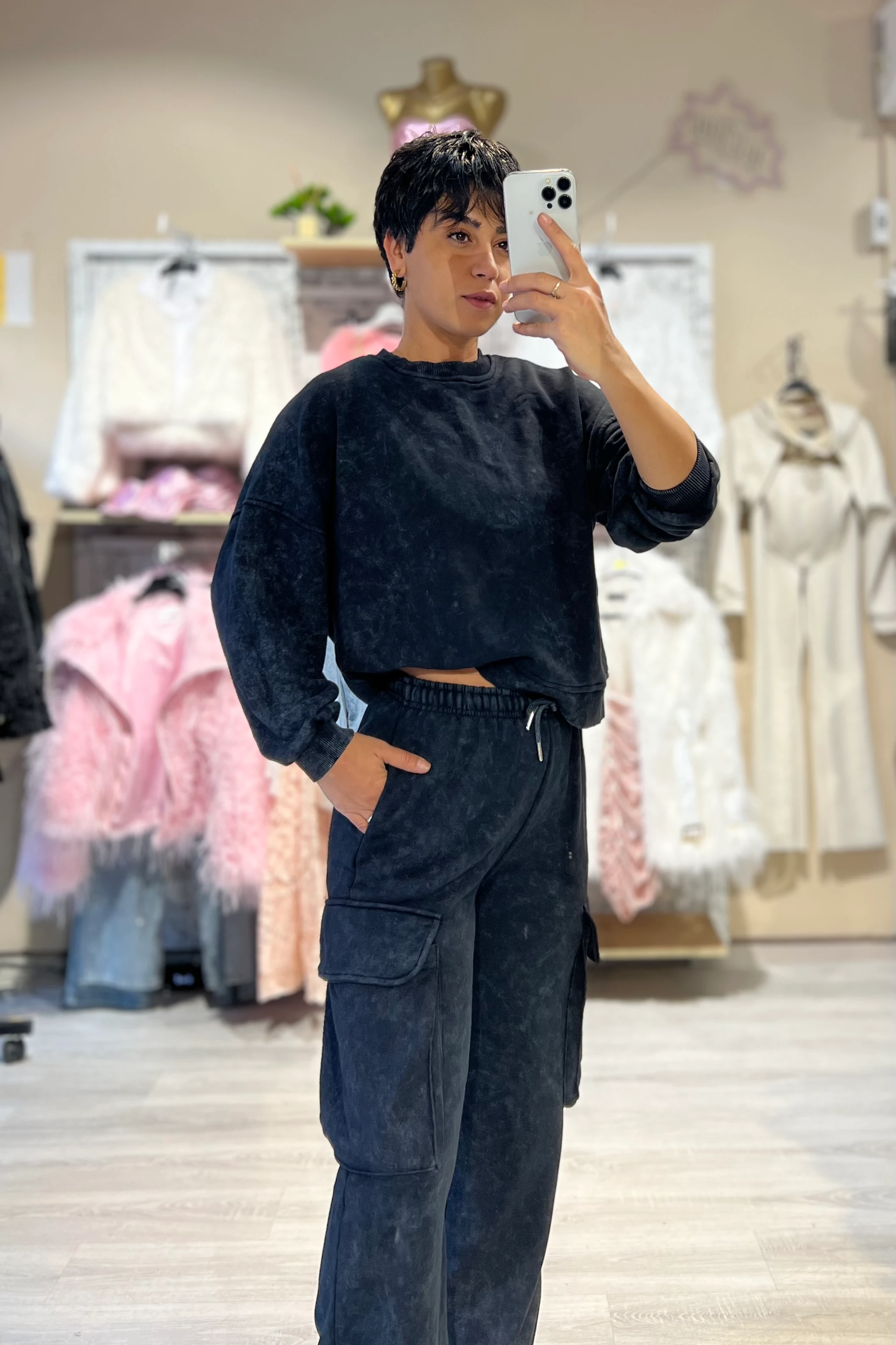 Siyah Yıkamalı 3’lü Kargo Cepli Eşofman Takımı 