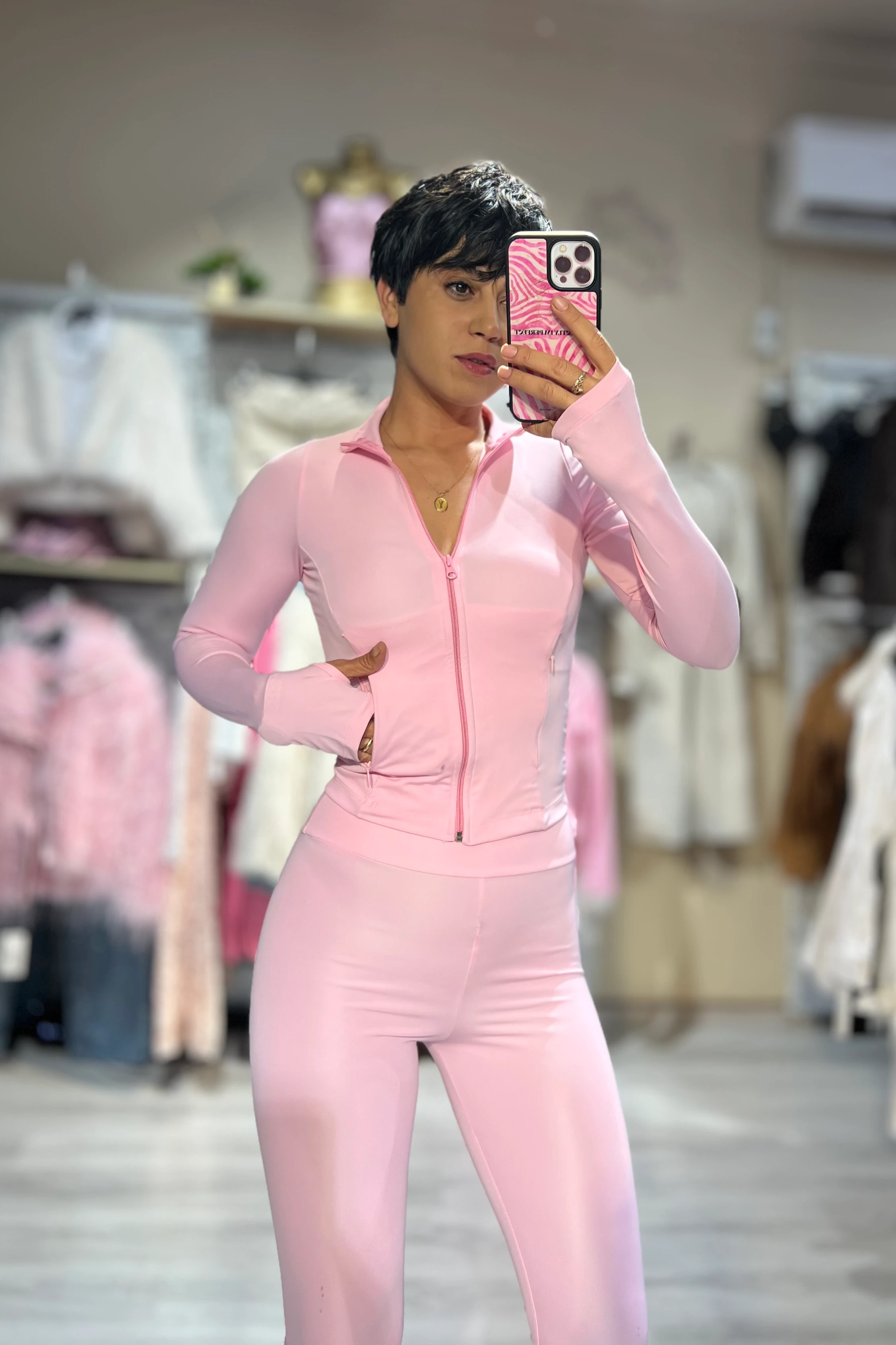 LunaForm Fermuarlı Parmak Geçmeli Sweathirt Tayt Takım  - PEMBE