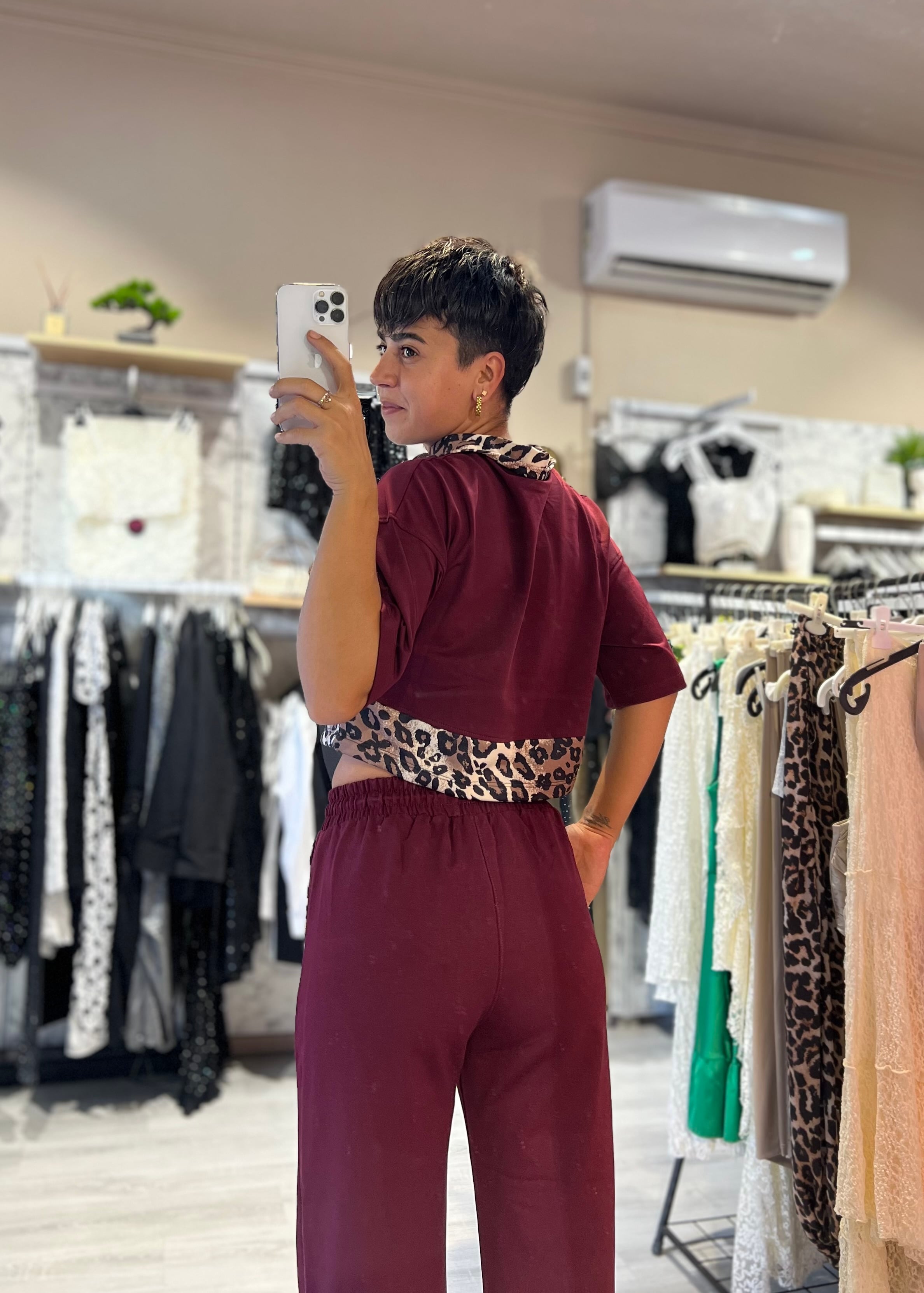 Bordo Leopar Detaylı 2'Li Eşofman Takımı