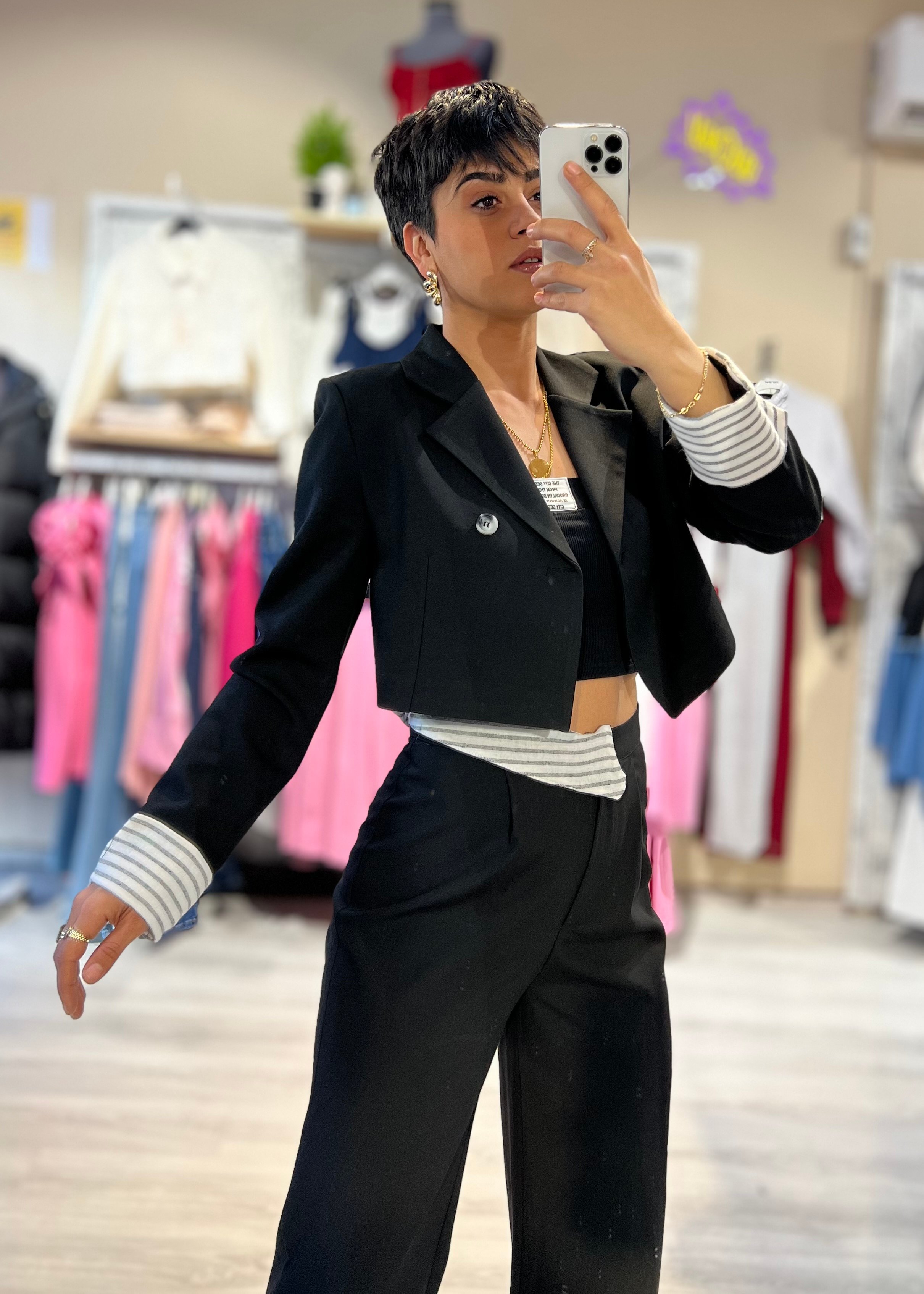 Premium Tasarım Crop Blazer Ceket & Pantolon Takım