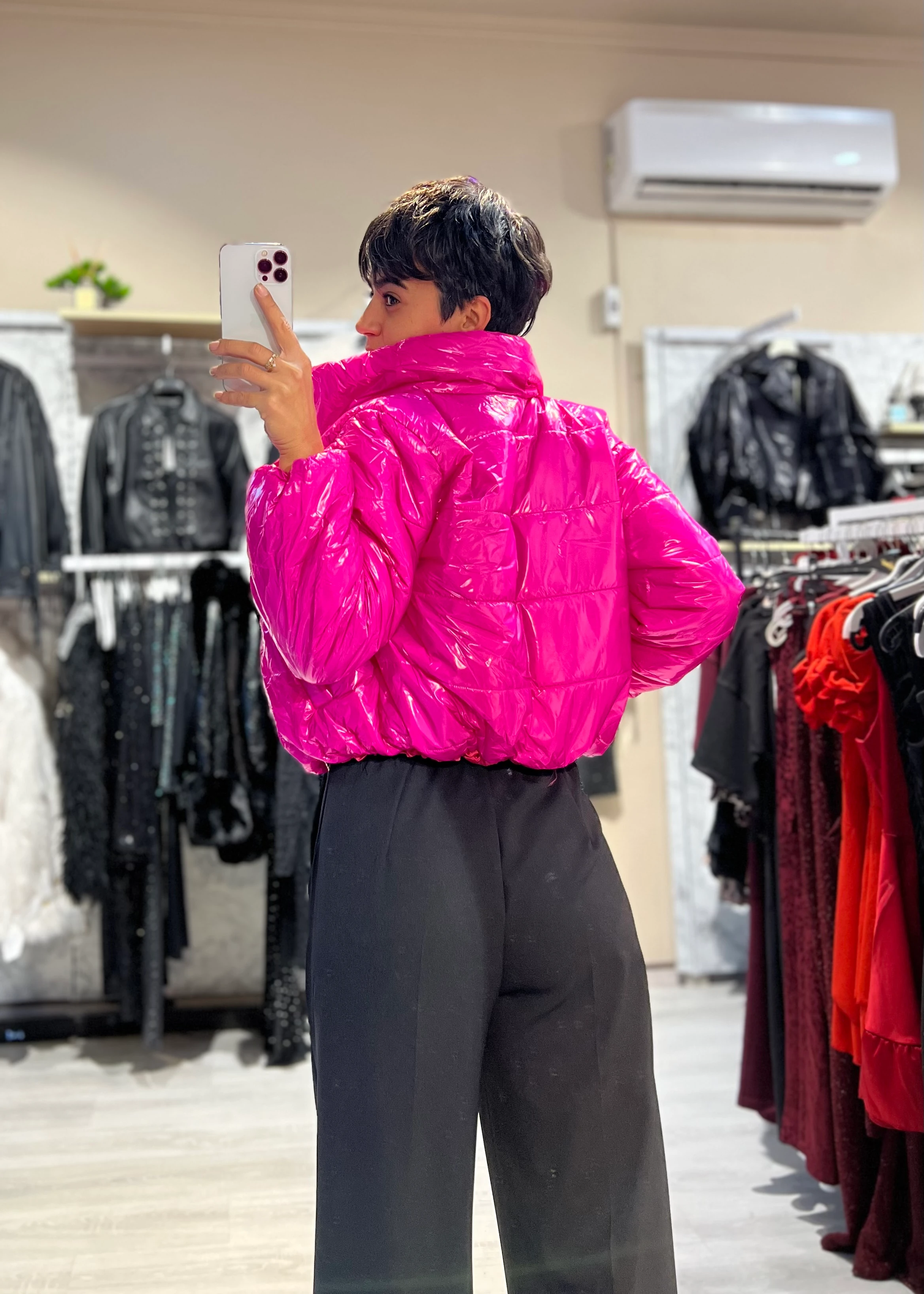 Parlak Dik Yaka Crop Şişme Mont - PEMBE