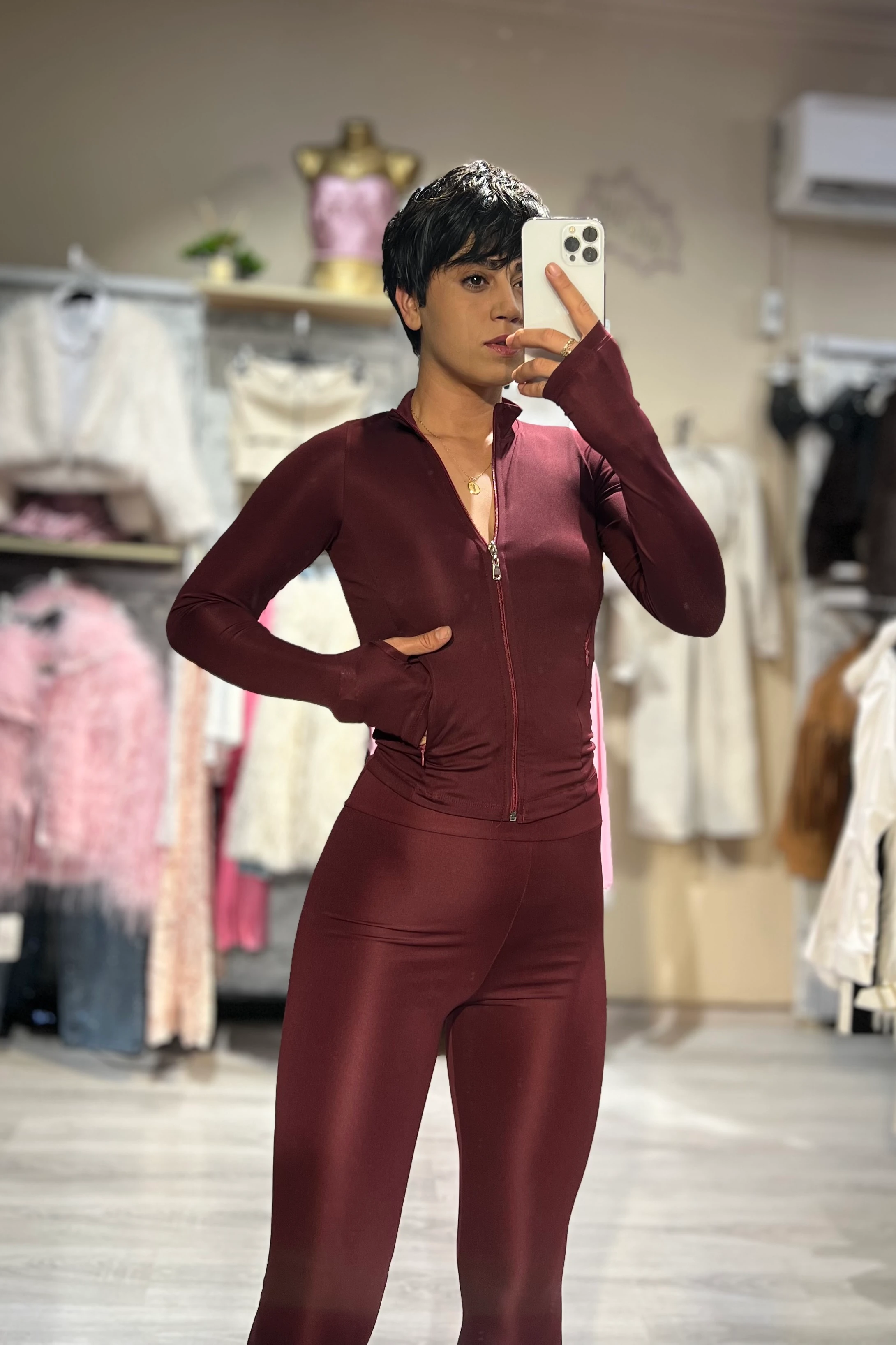 LunaForm Fermuarlı Parmak Geçmeli Sweathirt Tayt Takım  - BORDO