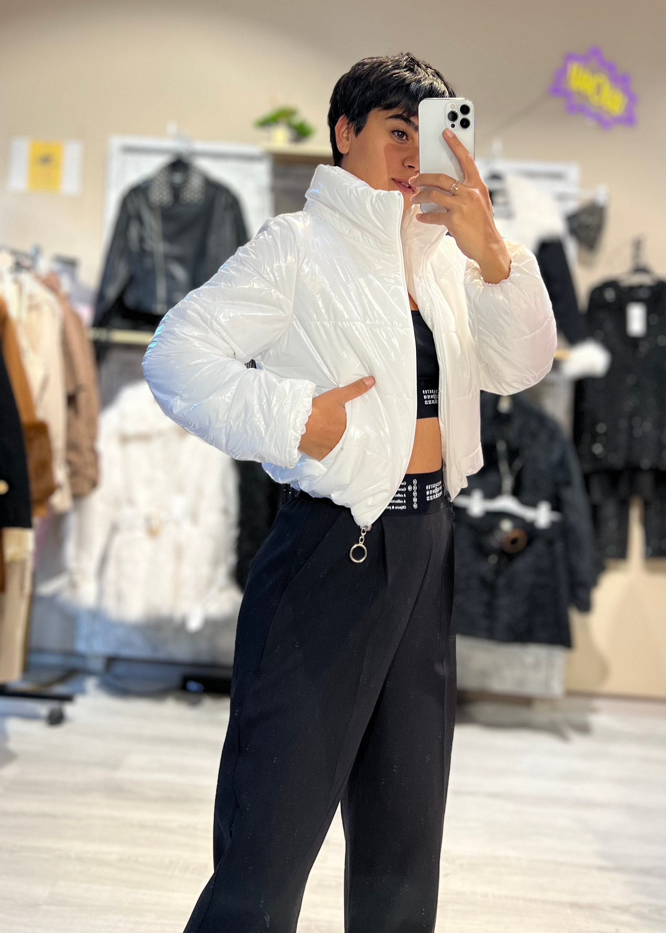 Parlak Dik Yaka Crop Şişme Mont