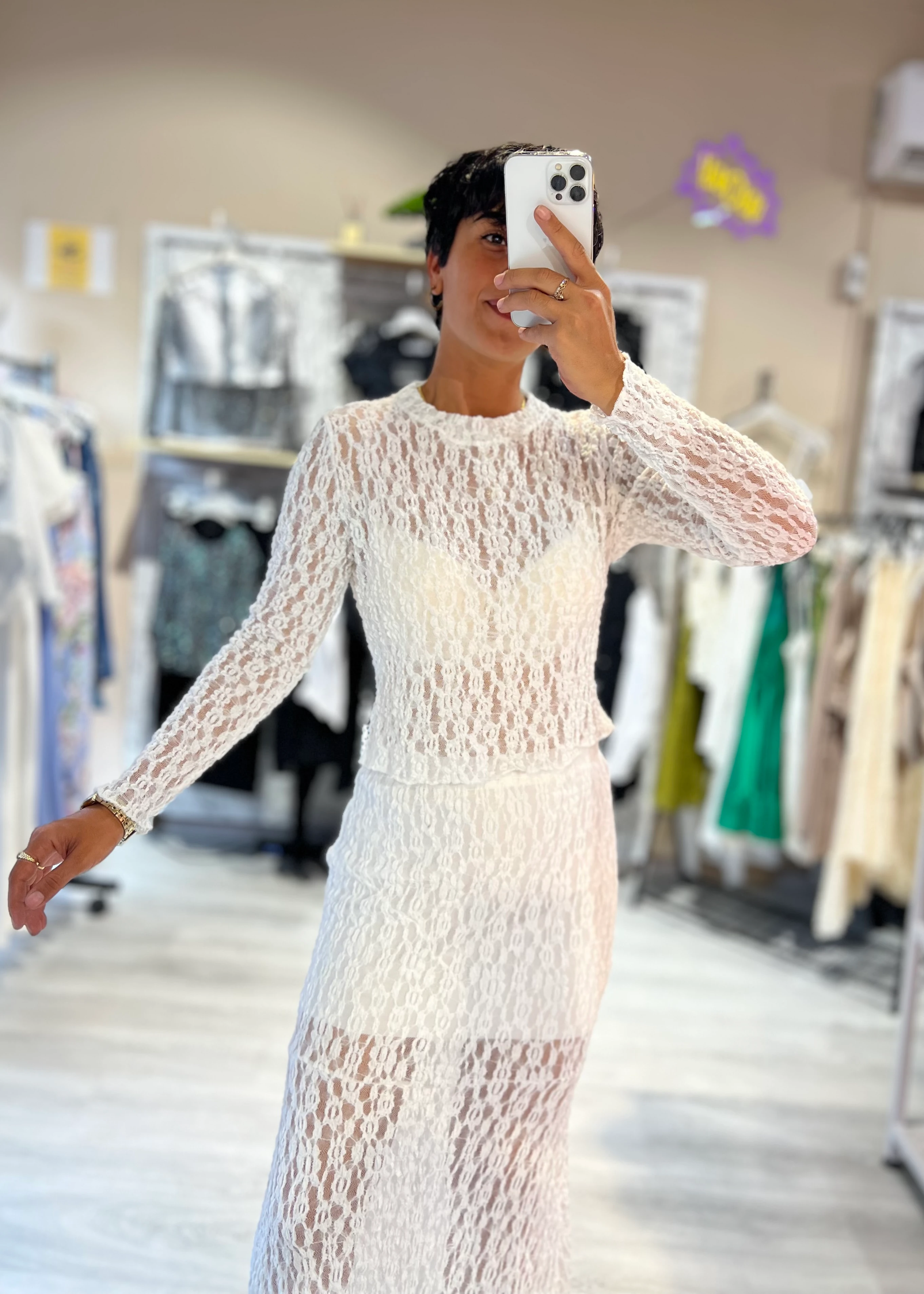 Dantel Transparan Bluz & Etek Takım - BEYAZ