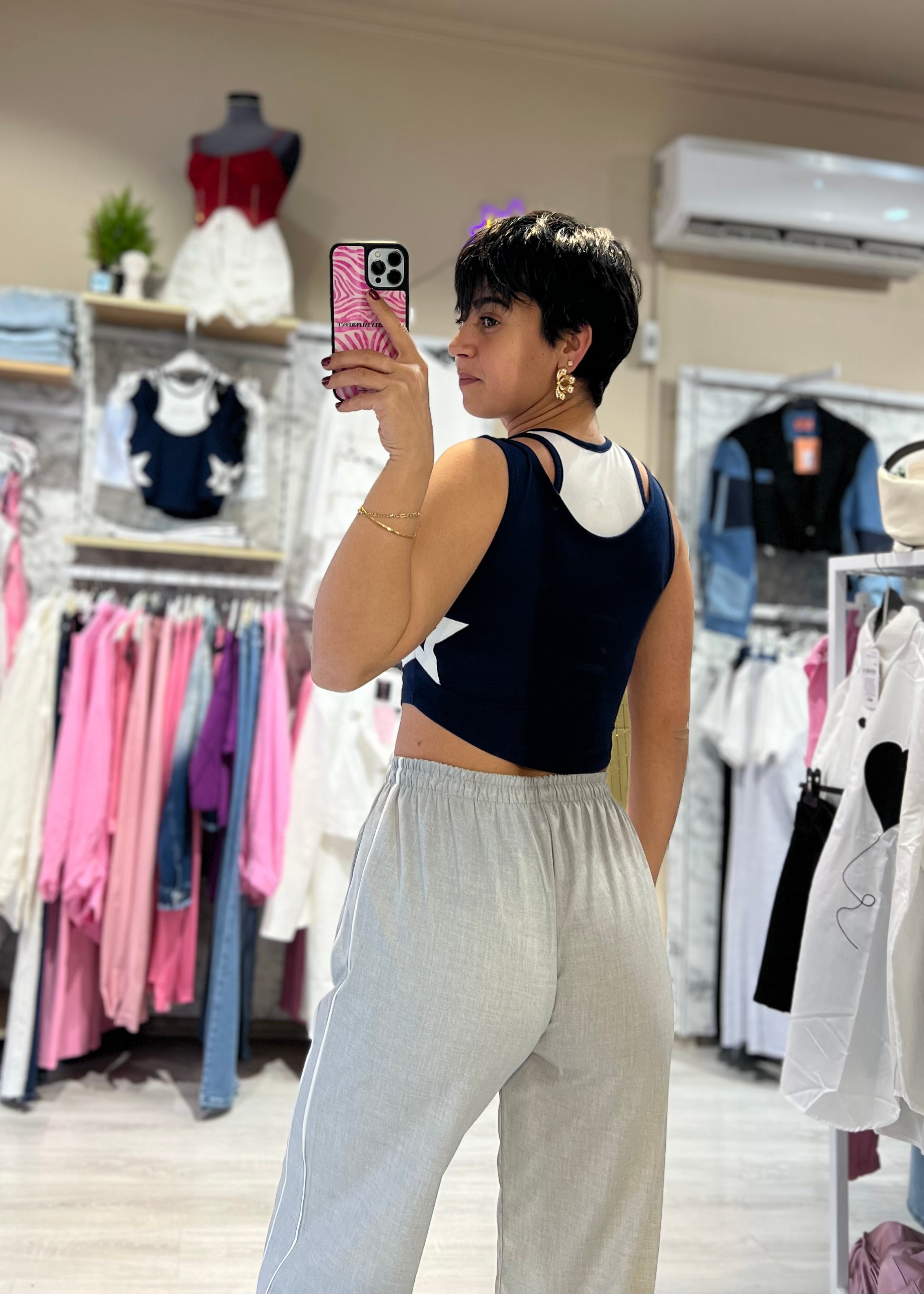 Lacivert Yıldız Desenli Crop Top